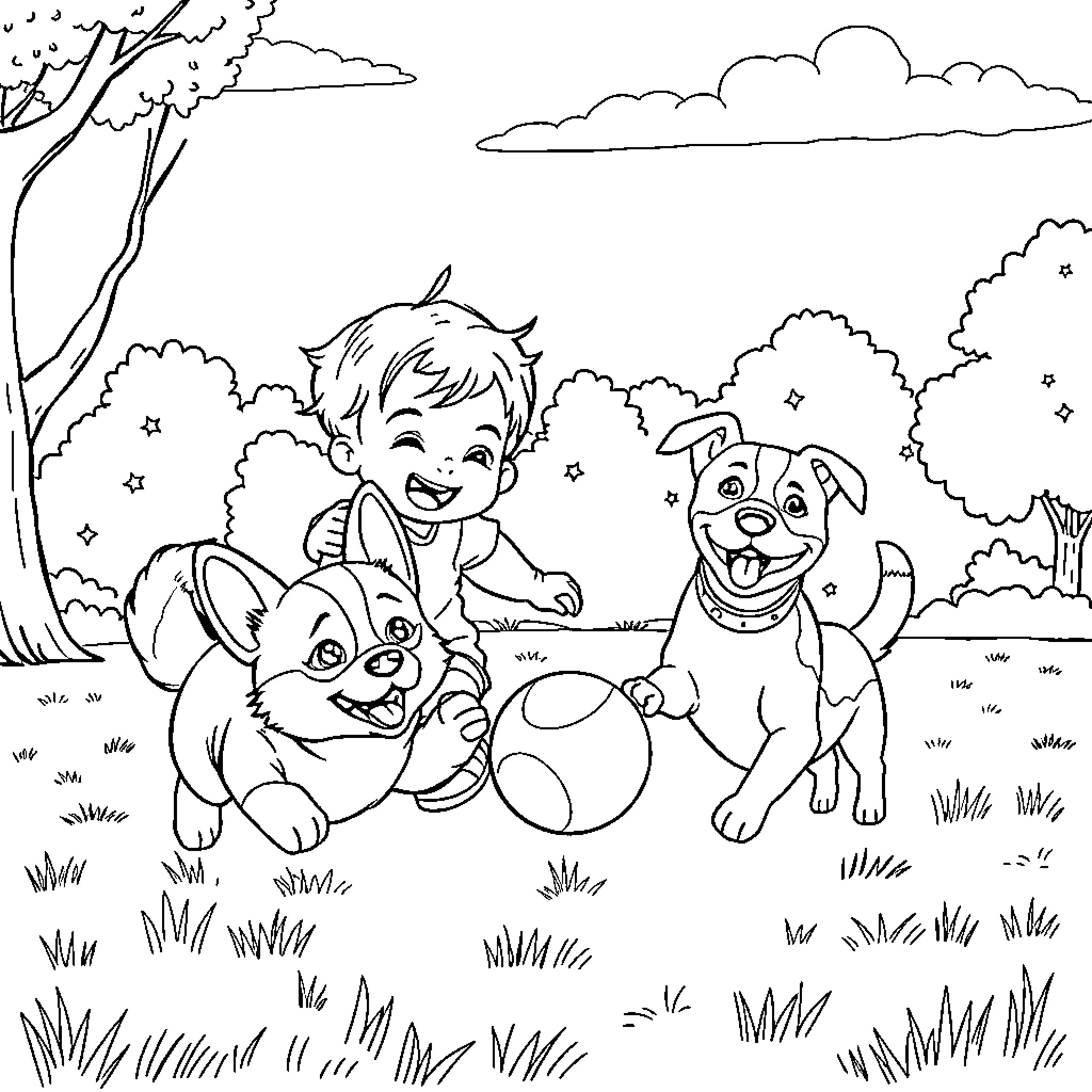 Dog playing with boy in the park Coloring Page (free black-and-white line drawing printable PDF for all, from beginners to advanced learners, including children, teens, adults, and seniors)