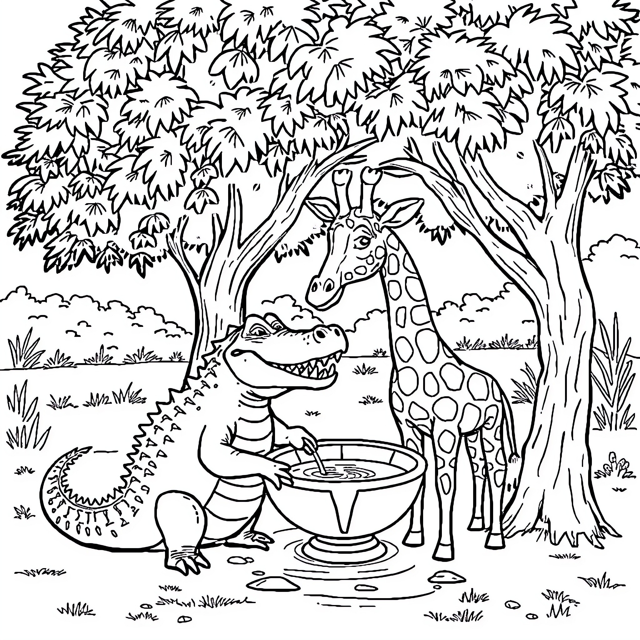 Crocodile sharing water with giraffe in the jungle Coloring Page (free black-and-white line drawing printable PDF for all, from beginners to advanced learners, including children, teens, adults, and seniors)