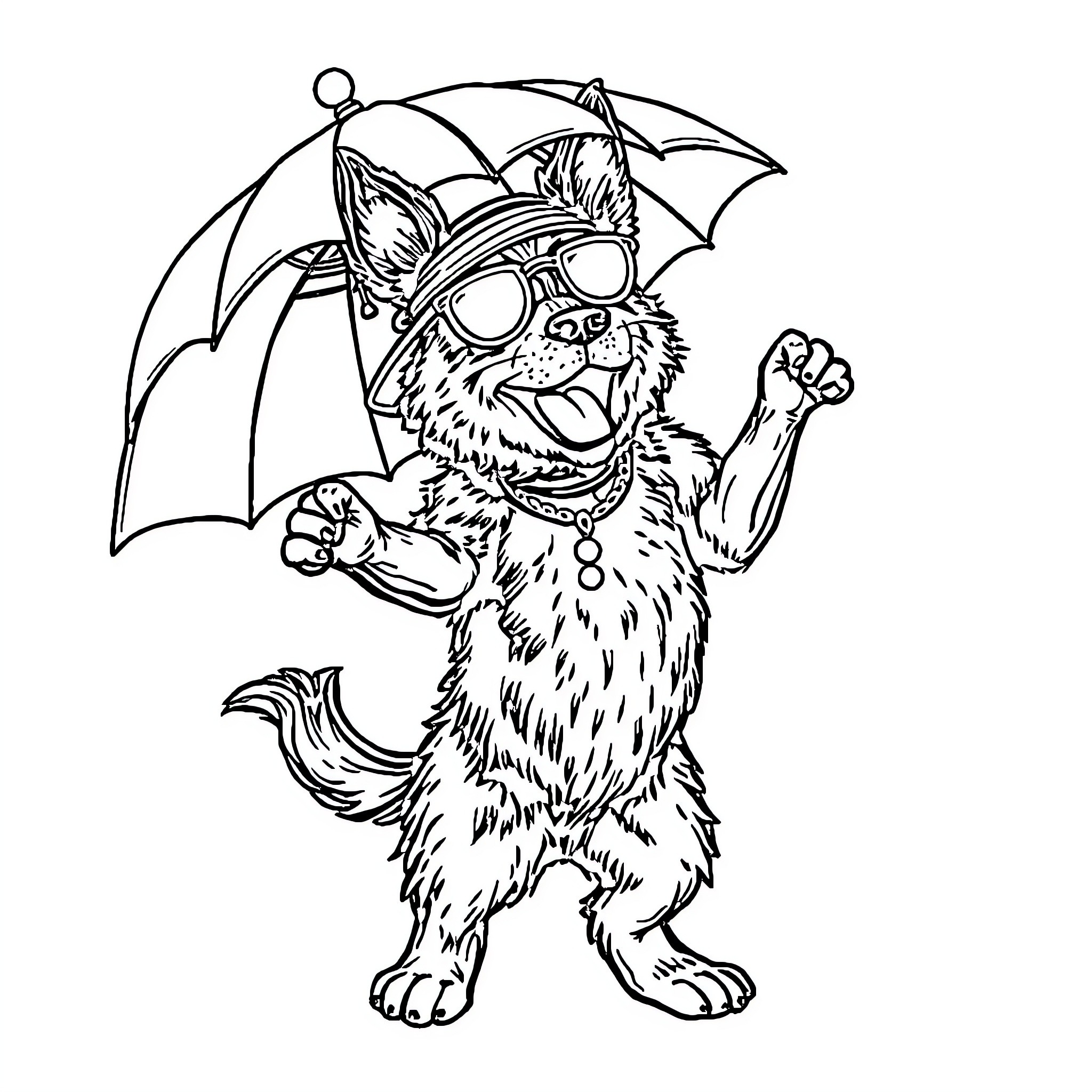 Perro standing under umbrella with excited expression Coloring Page (free black-and-white line drawing printable PDF for all, from beginners to advanced learners, including children, teens, adults, and seniors)