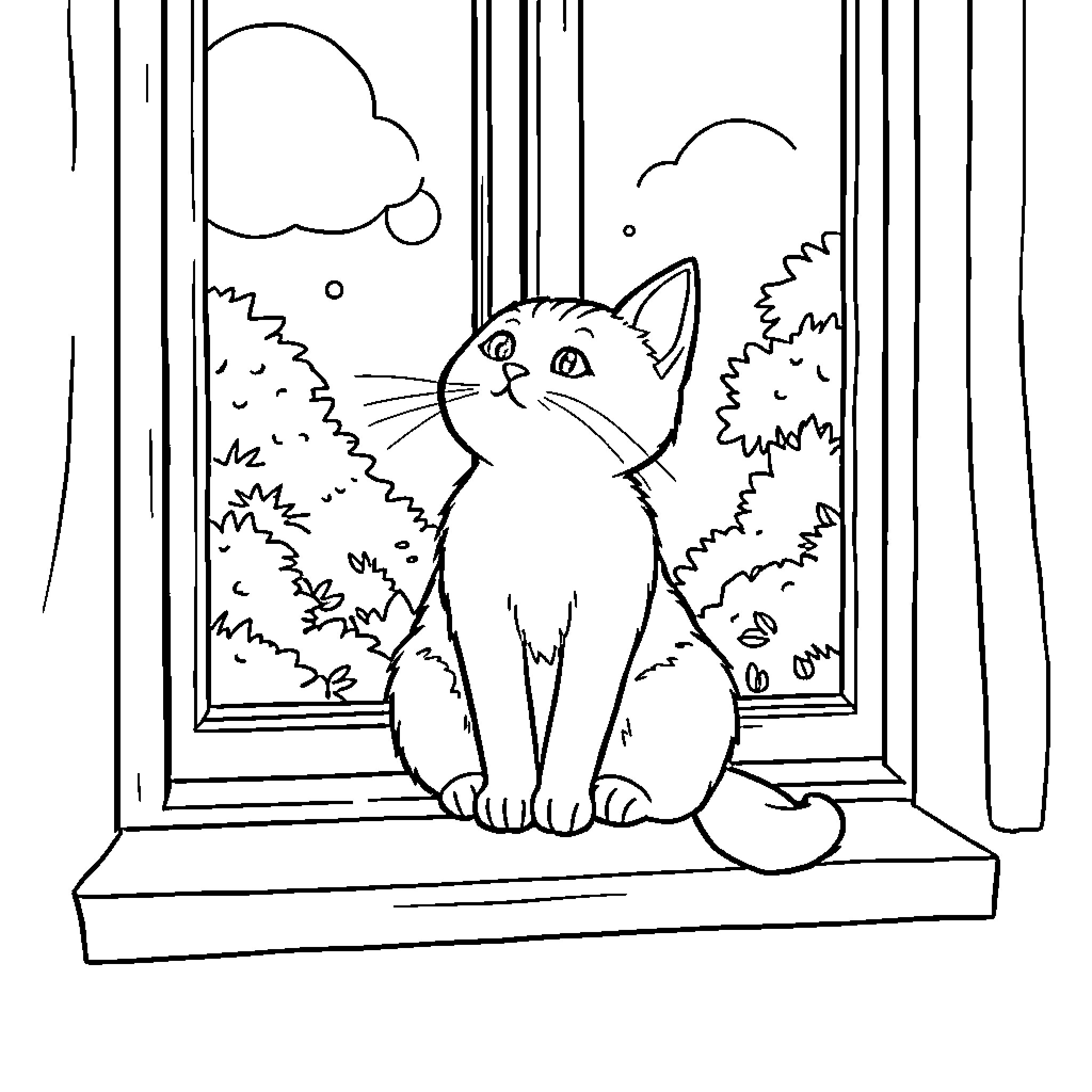 Cat gazing through window at outdoor scenery Coloring Page (free black-and-white line drawing printable PDF for all, from beginners to advanced learners, including children, teens, adults, and seniors)