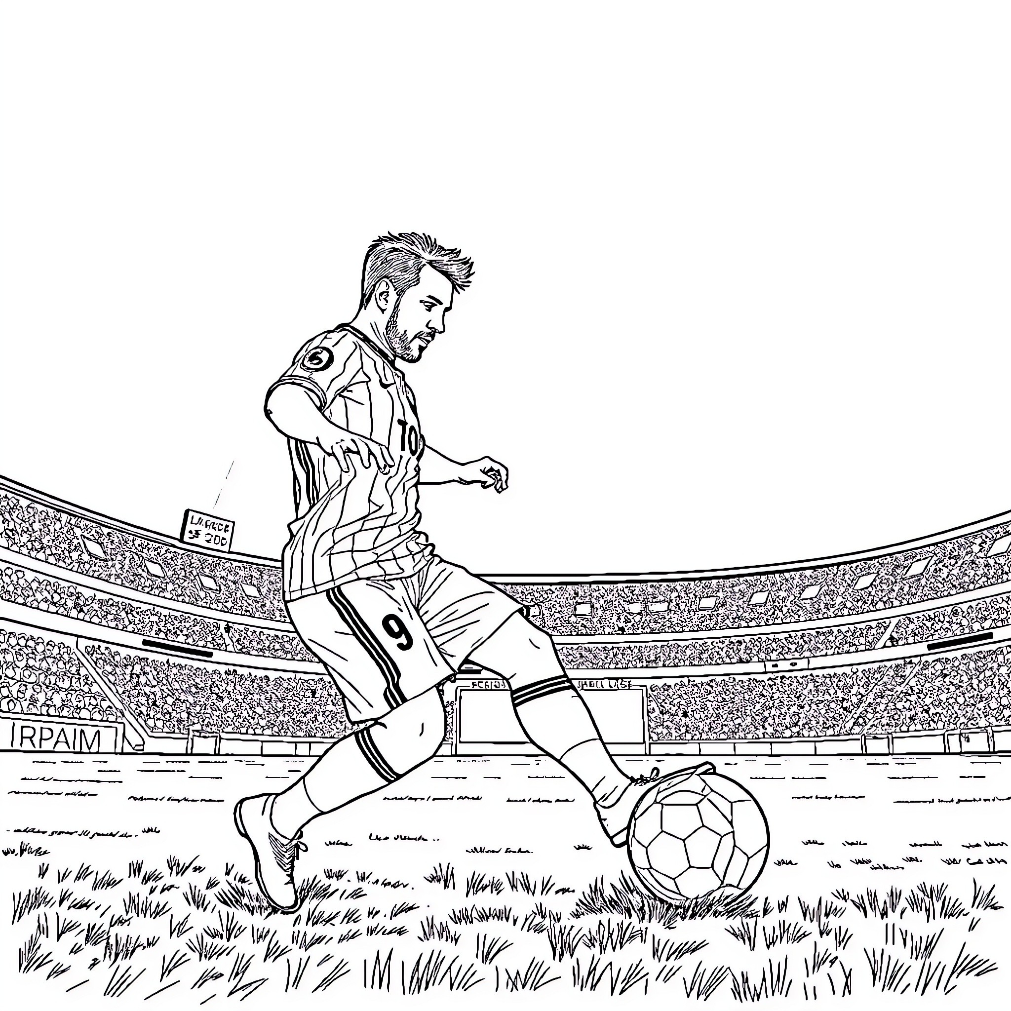 Leo Messi dribbling the ball on the football field Coloring Page (free black-and-white line drawing printable PDF for all, from beginners to advanced learners, including children, teens, adults, and seniors)