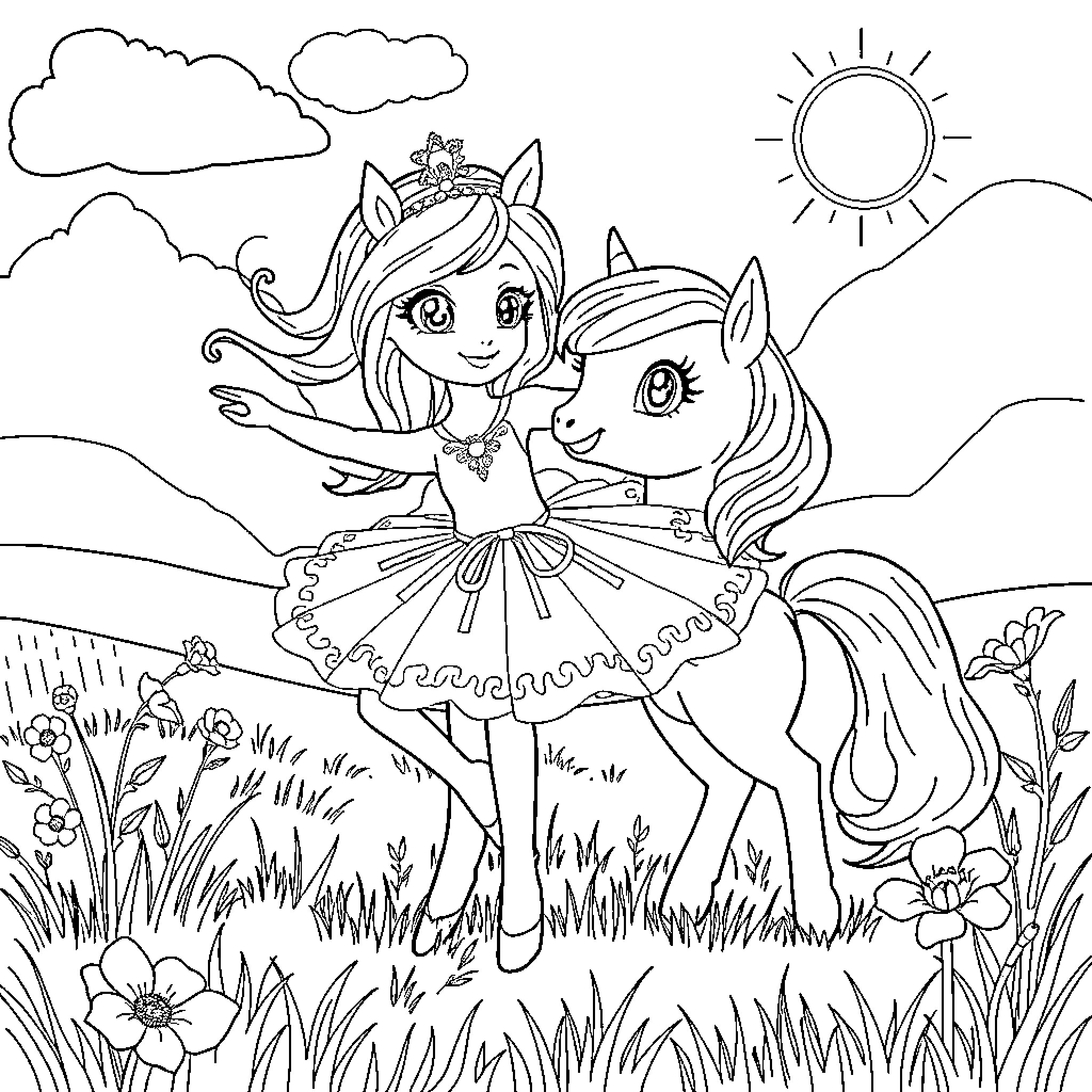 Ballerina and Pony Enjoying Nature Together Coloring Page (free black-and-white line drawing printable PDF for all, from beginners to advanced learners, including children, teens, adults, and seniors)