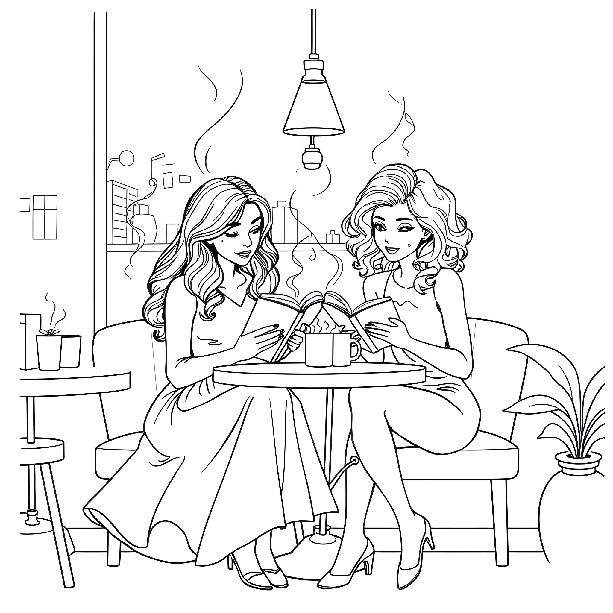 Women Enjoying a Cozy Reading Session Coloring Page (free black-and-white line drawing printable PDF for all, from beginners to advanced learners, including children, teens, adults, and seniors)