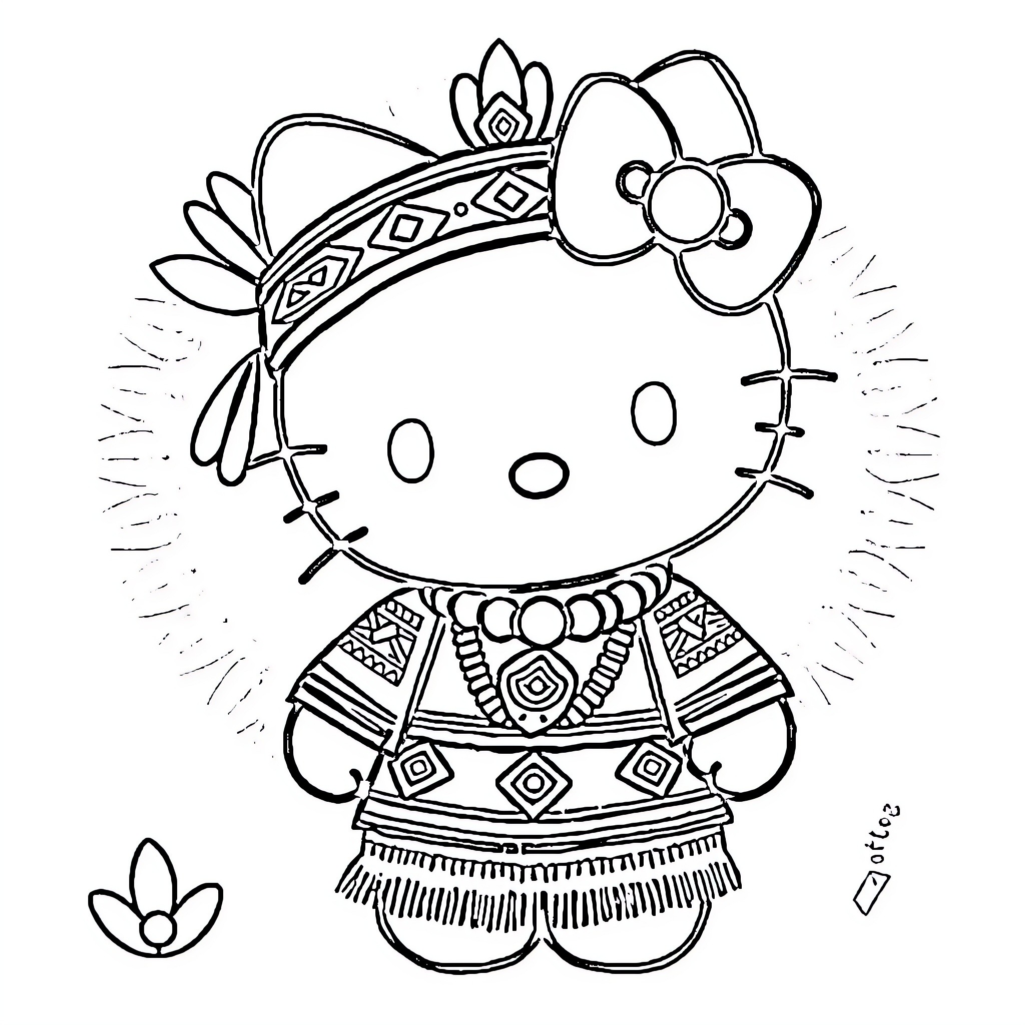 Hello Kitty in Ornate Traditional Attire Coloring Page (free black-and-white line drawing printable PDF for all, from beginners to advanced learners, including children, teens, adults, and seniors)