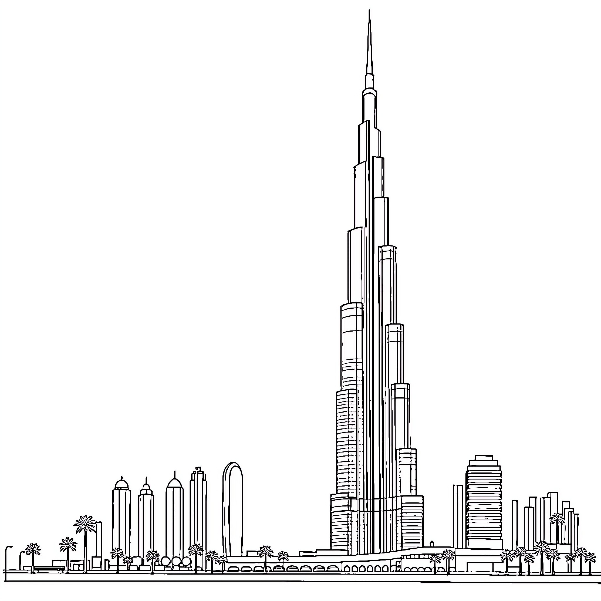 Burj Khalifa - Iconic Skyscraper in Dubai Coloring Page (free black-and-white line drawing printable PDF for all, from beginners to advanced learners, including children, teens, adults, and seniors)
