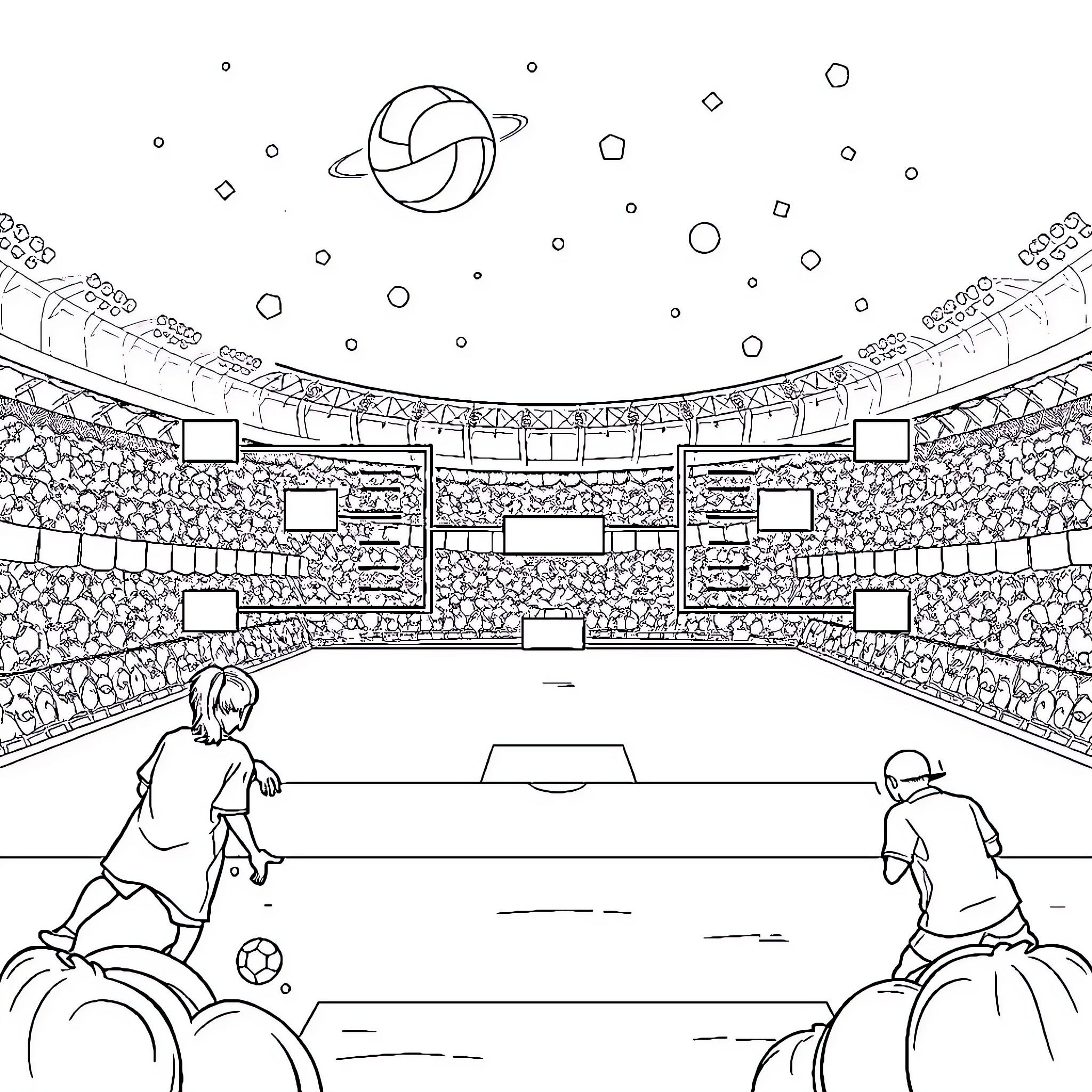 Volleyball game in a packed stadium Coloring Page (free black-and-white line drawing printable PDF for all, from beginners to advanced learners, including children, teens, adults, and seniors)
