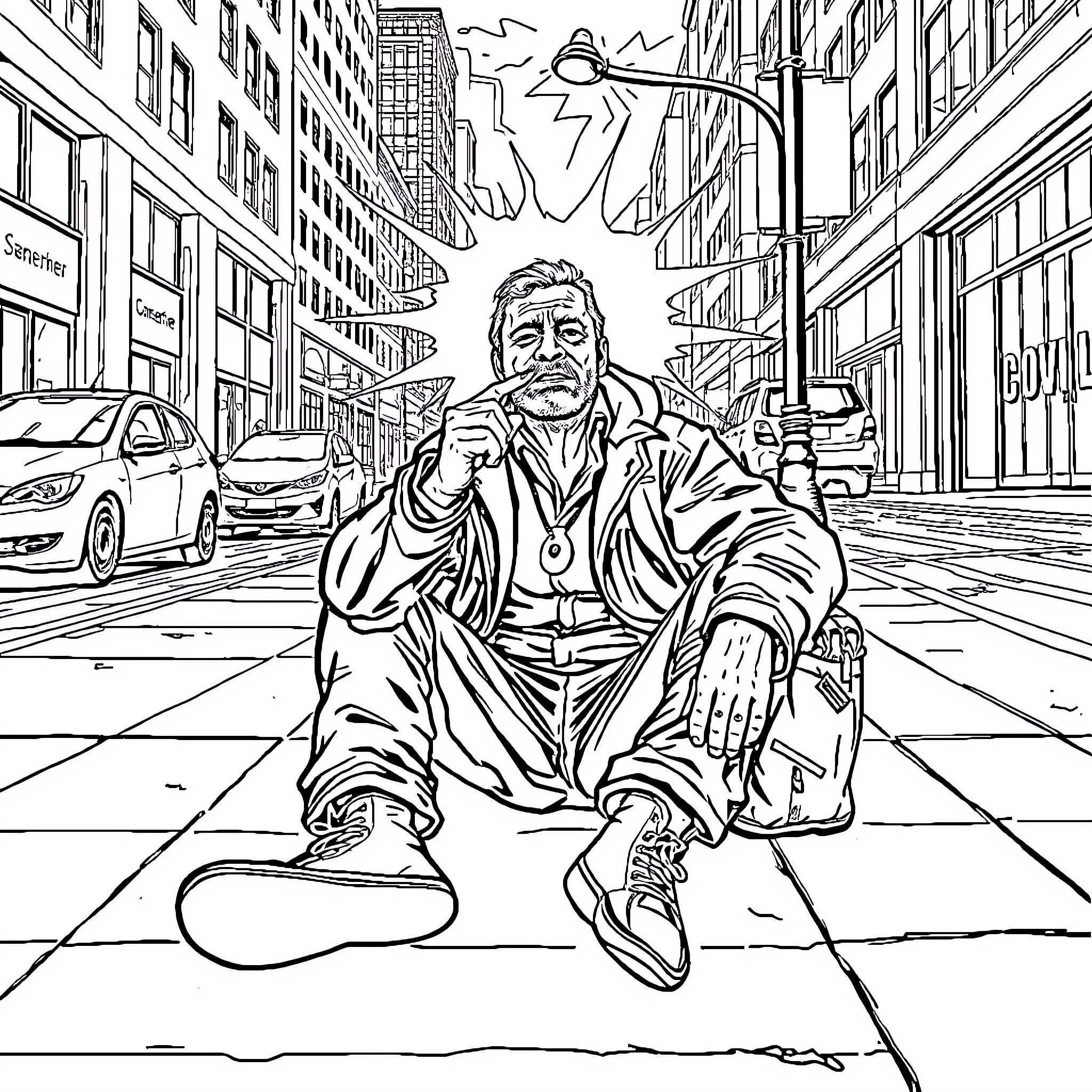 Man sitting alone on the city street Coloring Page (free black-and-white line drawing printable PDF for all, from beginners to advanced learners, including children, teens, adults, and seniors)