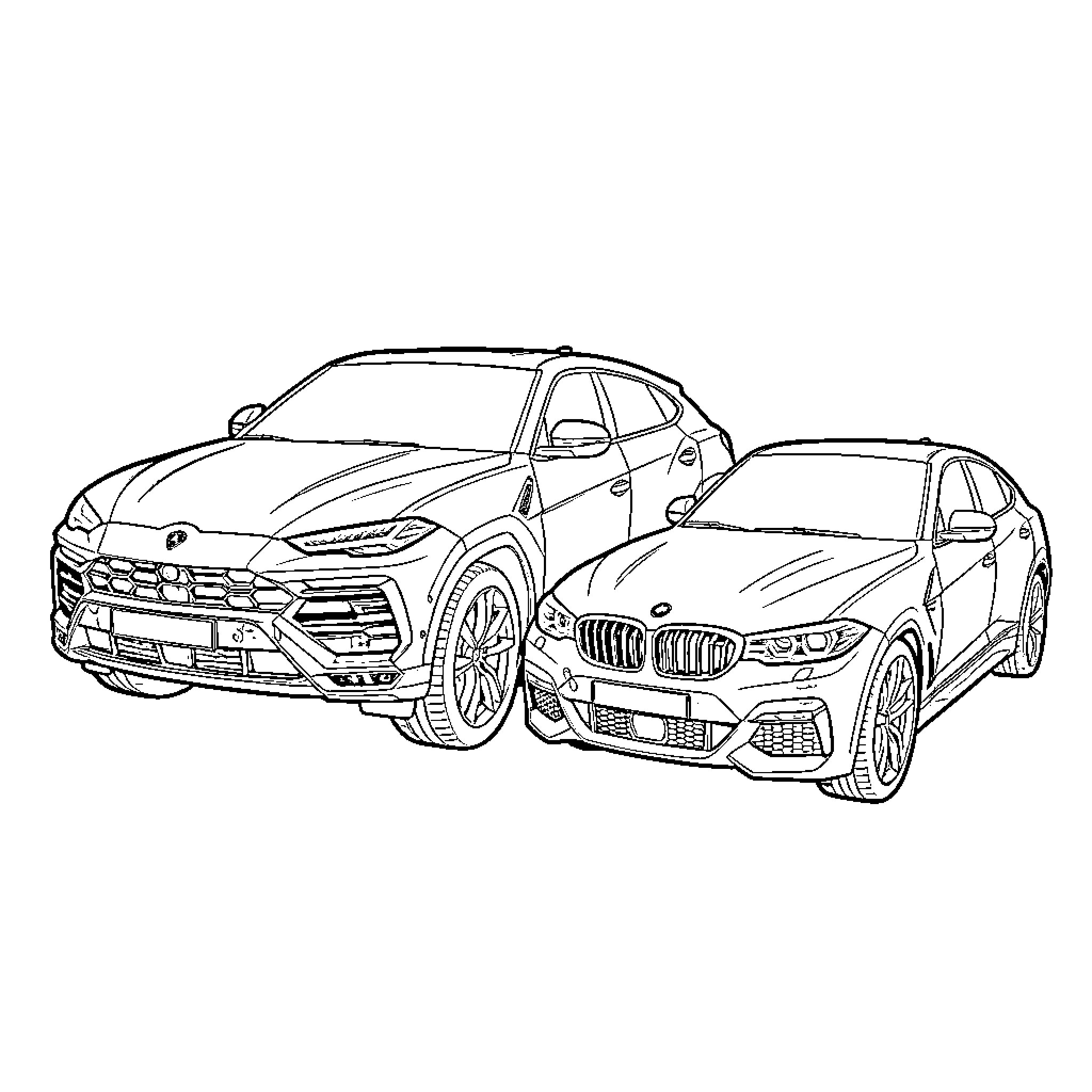 Lambo Urus luxury SUVs parked side by side Coloring Page (free black-and-white line drawing printable PDF for all, from beginners to advanced learners, including children, teens, adults, and seniors)