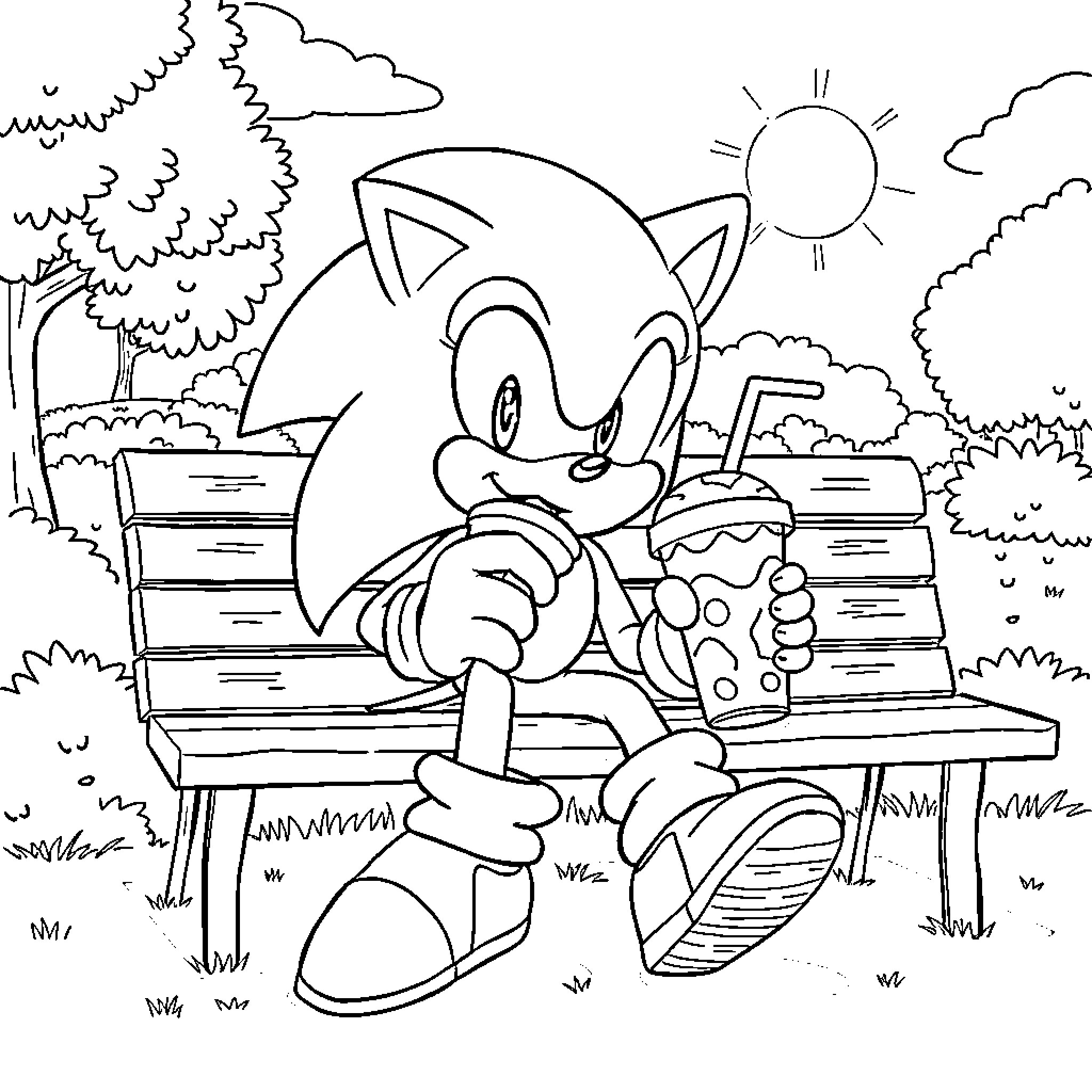 Sonic enjoying a refreshing drink on a park bench Coloring Page (free black-and-white line drawing printable PDF for all, from beginners to advanced learners, including children, teens, adults, and seniors)
