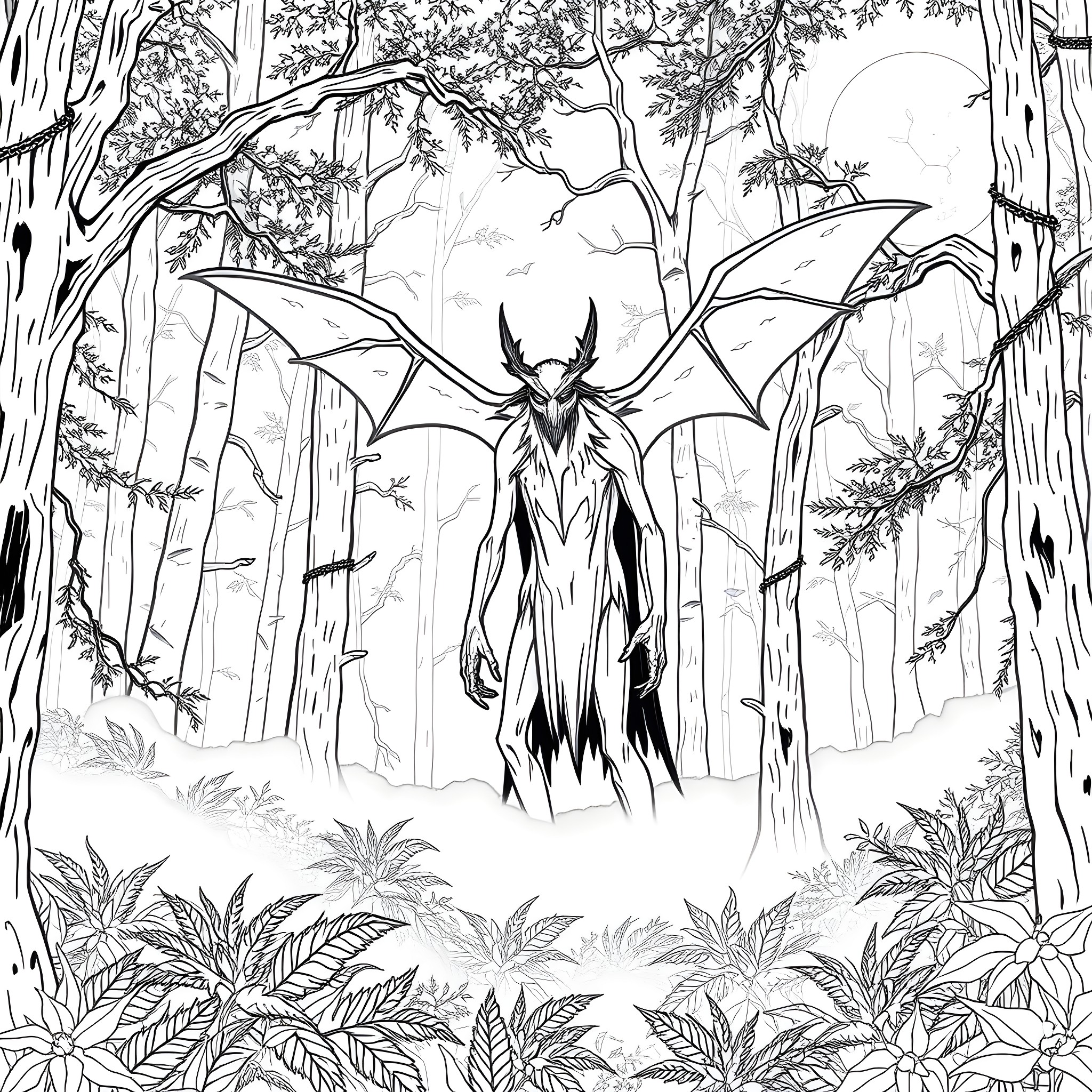 Mothman emerging from the mysterious forest Coloring Page (free black-and-white line drawing printable PDF for all, from beginners to advanced learners, including children, teens, adults, and seniors)