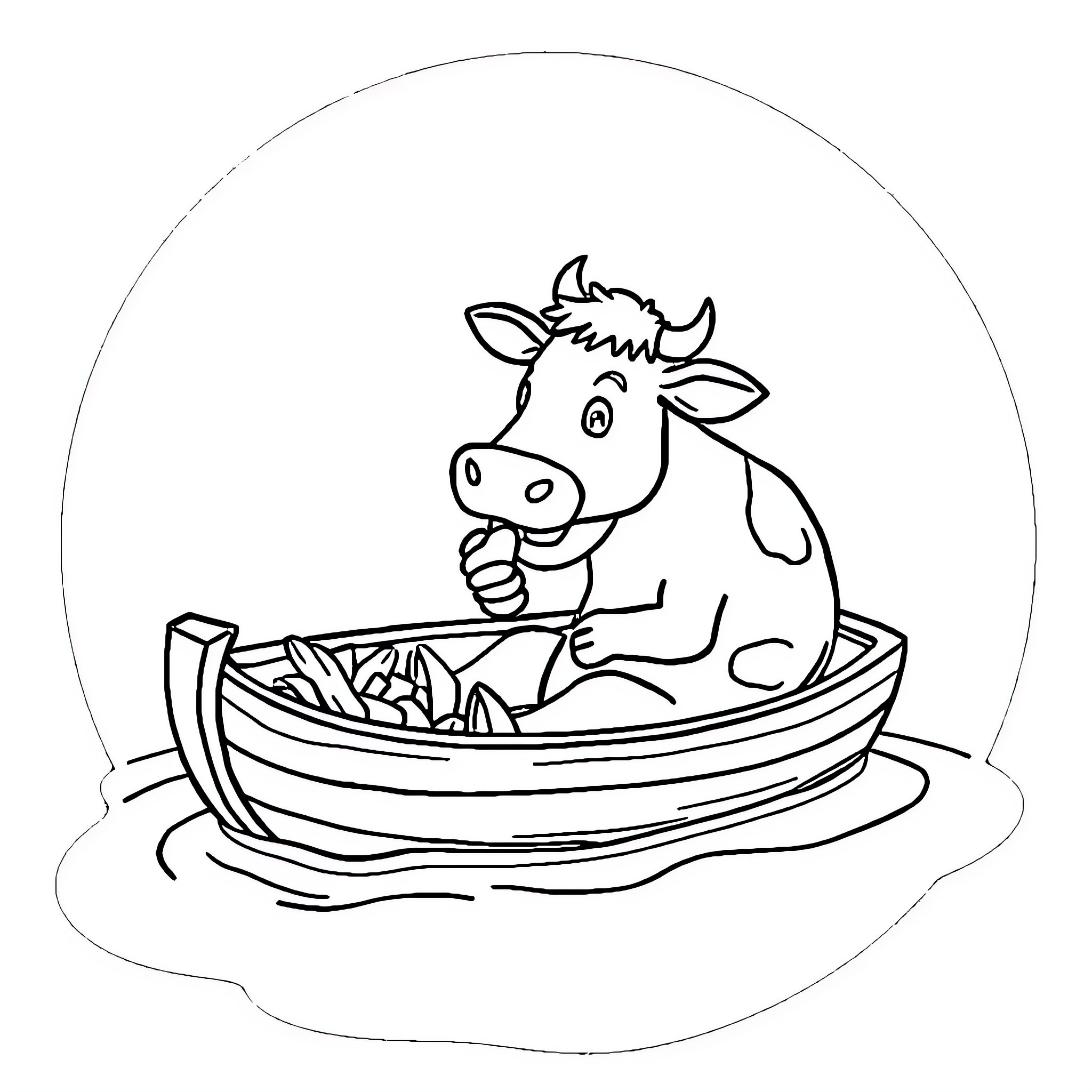 Cow relaxing in a boat Coloring Page (free black-and-white line drawing printable PDF for all, from beginners to advanced learners, including children, teens, adults, and seniors)