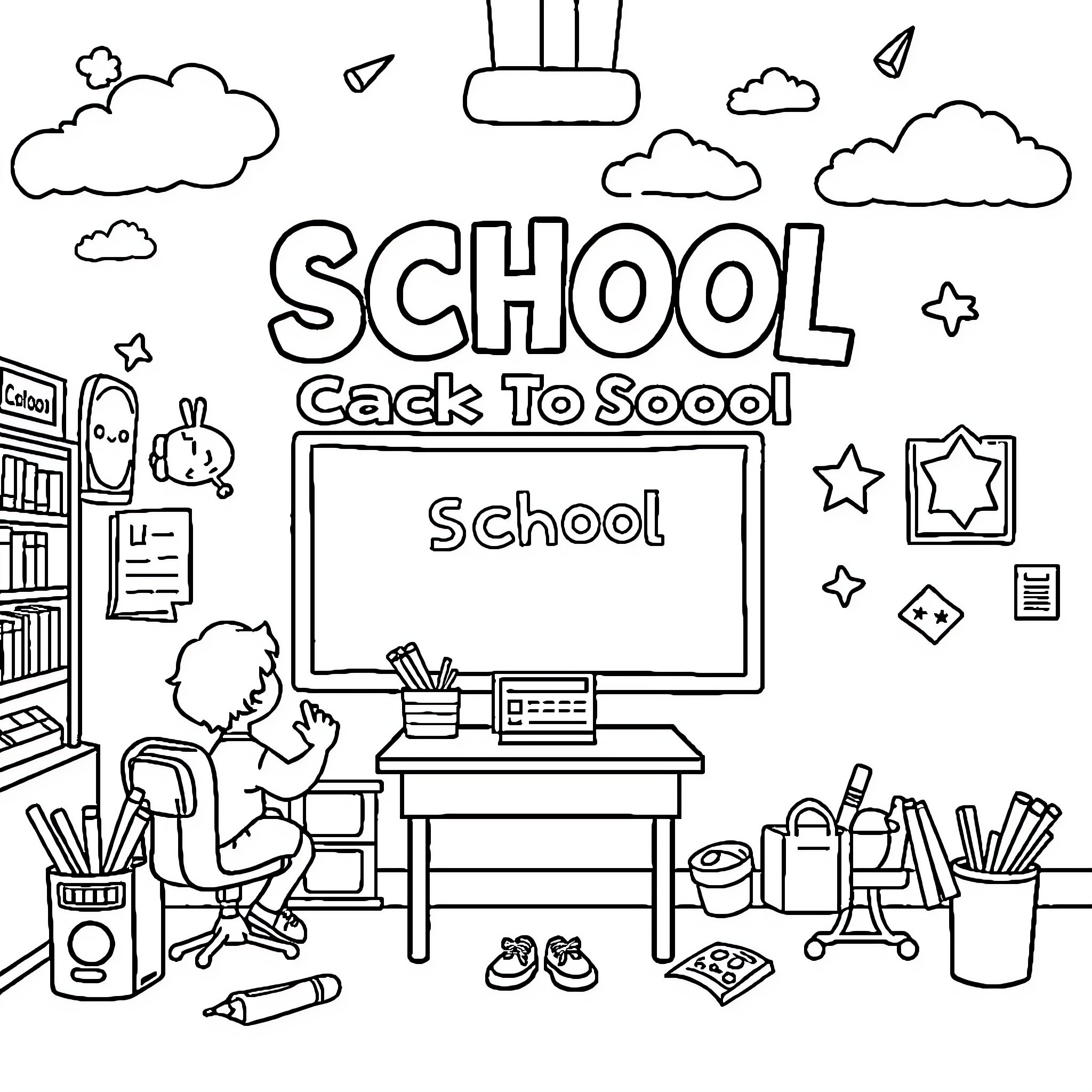 School supplies and classroom scene Coloring Page (free black-and-white line drawing printable PDF for all, from beginners to advanced learners, including children, teens, adults, and seniors)