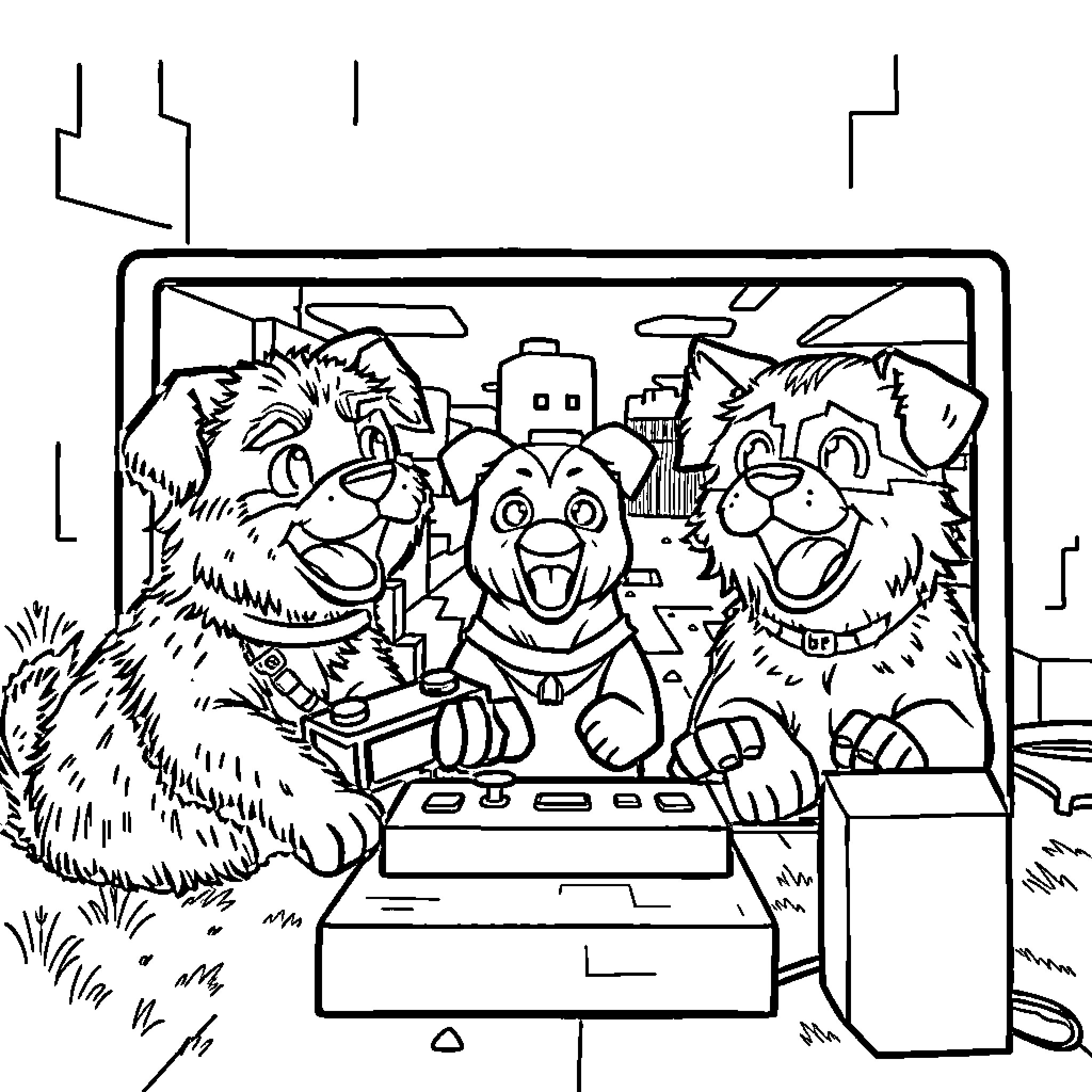 Dog friends playing video games together Coloring Page (free black-and-white line drawing printable PDF for all, from beginners to advanced learners, including children, teens, adults, and seniors)