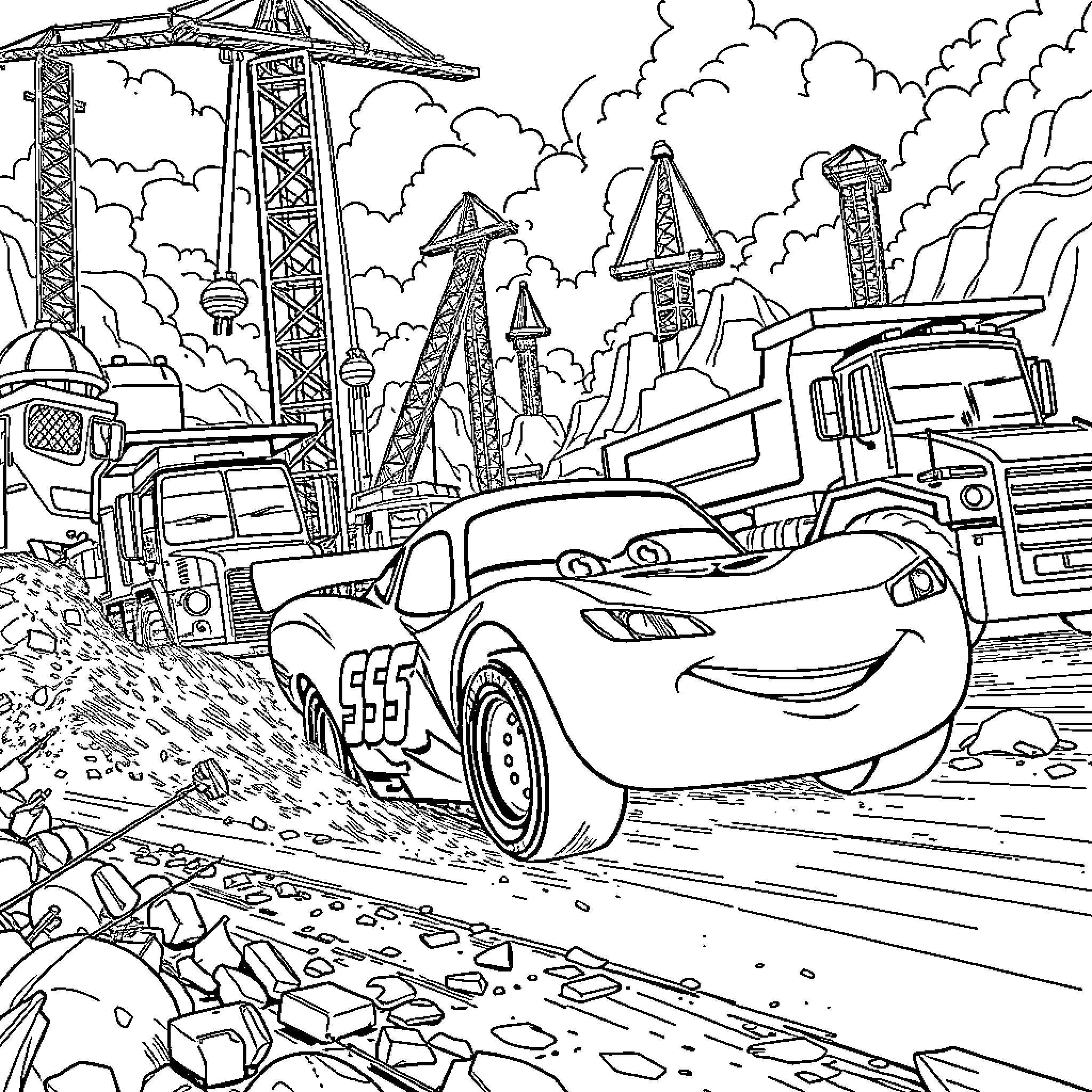 Lightning McQueen in a busy construction zone Coloring Page (free black-and-white line drawing printable PDF for all, from beginners to advanced learners, including children, teens, adults, and seniors)