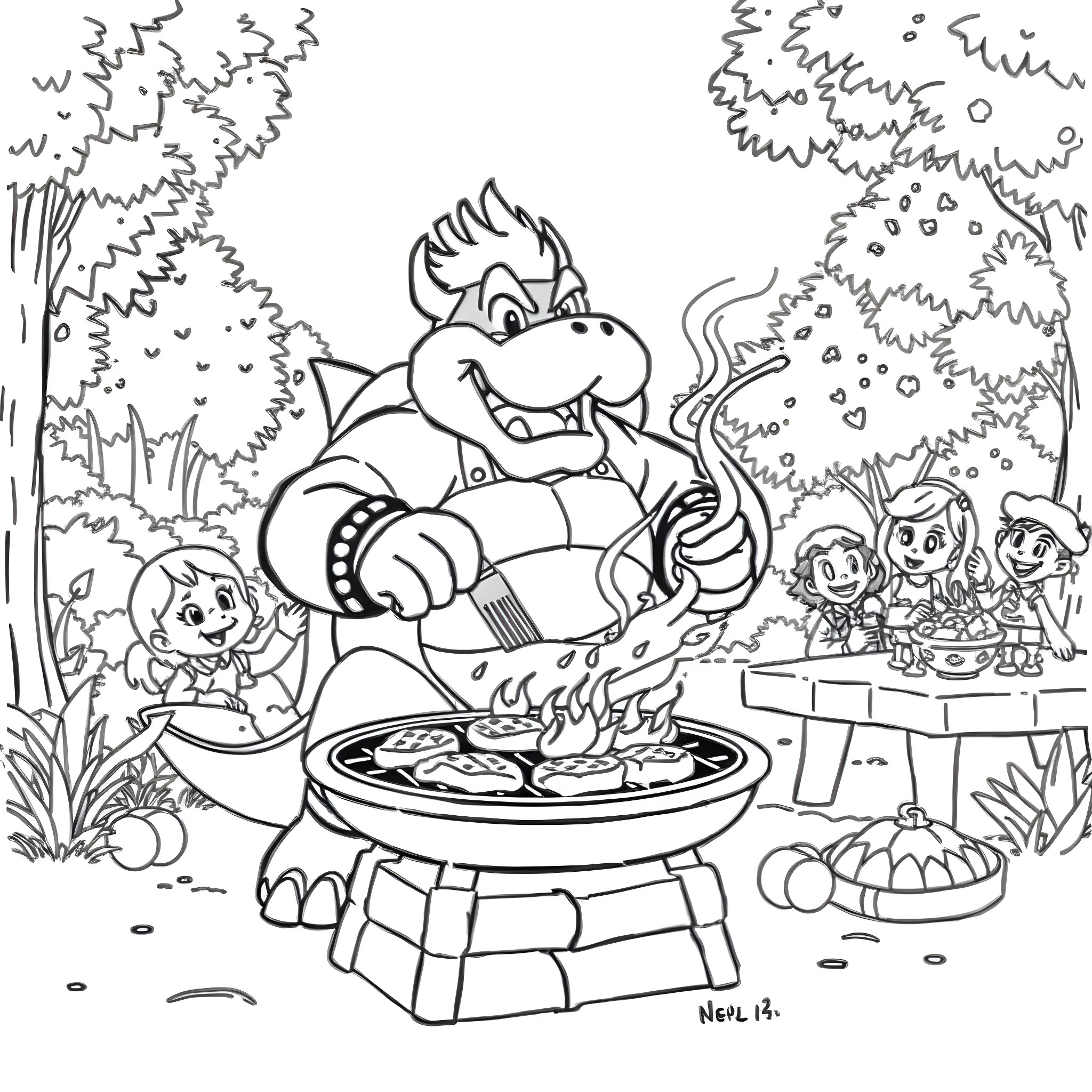 Bowser Grilling and Entertaining Friends in the Forest Coloring Page (free black-and-white line drawing printable PDF for all, from beginners to advanced learners, including children, teens, adults, and seniors)