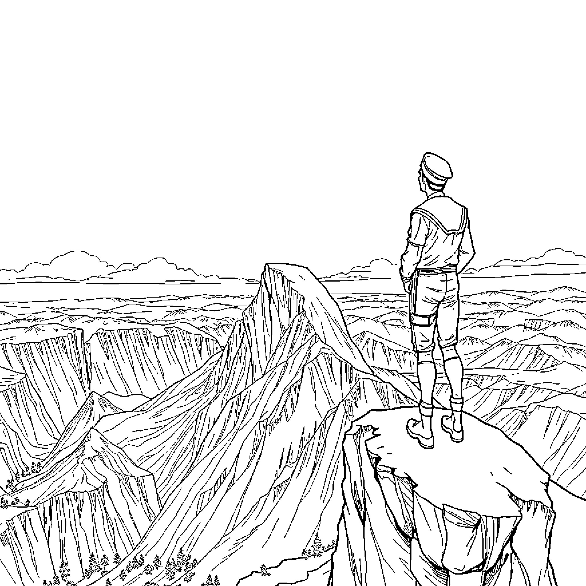 Sailor surveying rugged mountain landscape Coloring Page (free black-and-white line drawing printable PDF for all, from beginners to advanced learners, including children, teens, adults, and seniors)