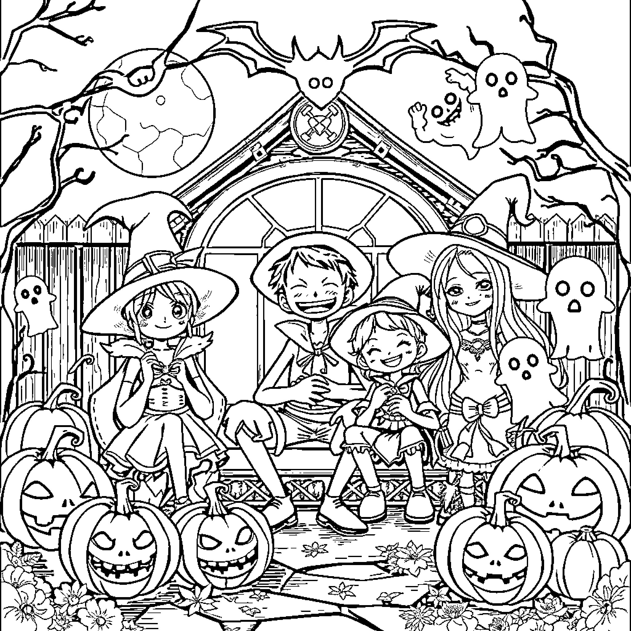 Piece of Kids Playing Dress Up for Halloween Coloring Page (free black-and-white line drawing printable PDF for all, from beginners to advanced learners, including children, teens, adults, and seniors)