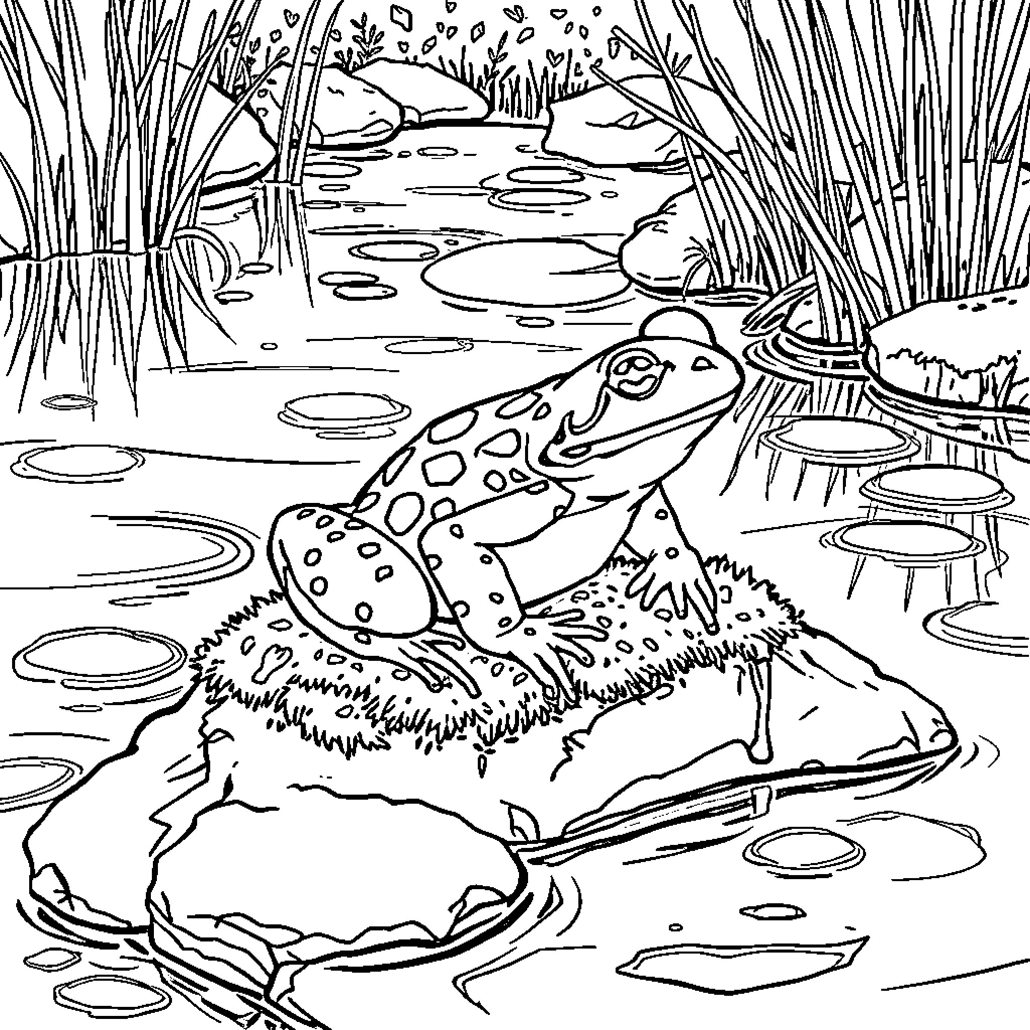 Toad resting on a lily pad in a tranquil pond Coloring Page (free black-and-white line drawing printable PDF for all, from beginners to advanced learners, including children, teens, adults, and seniors)