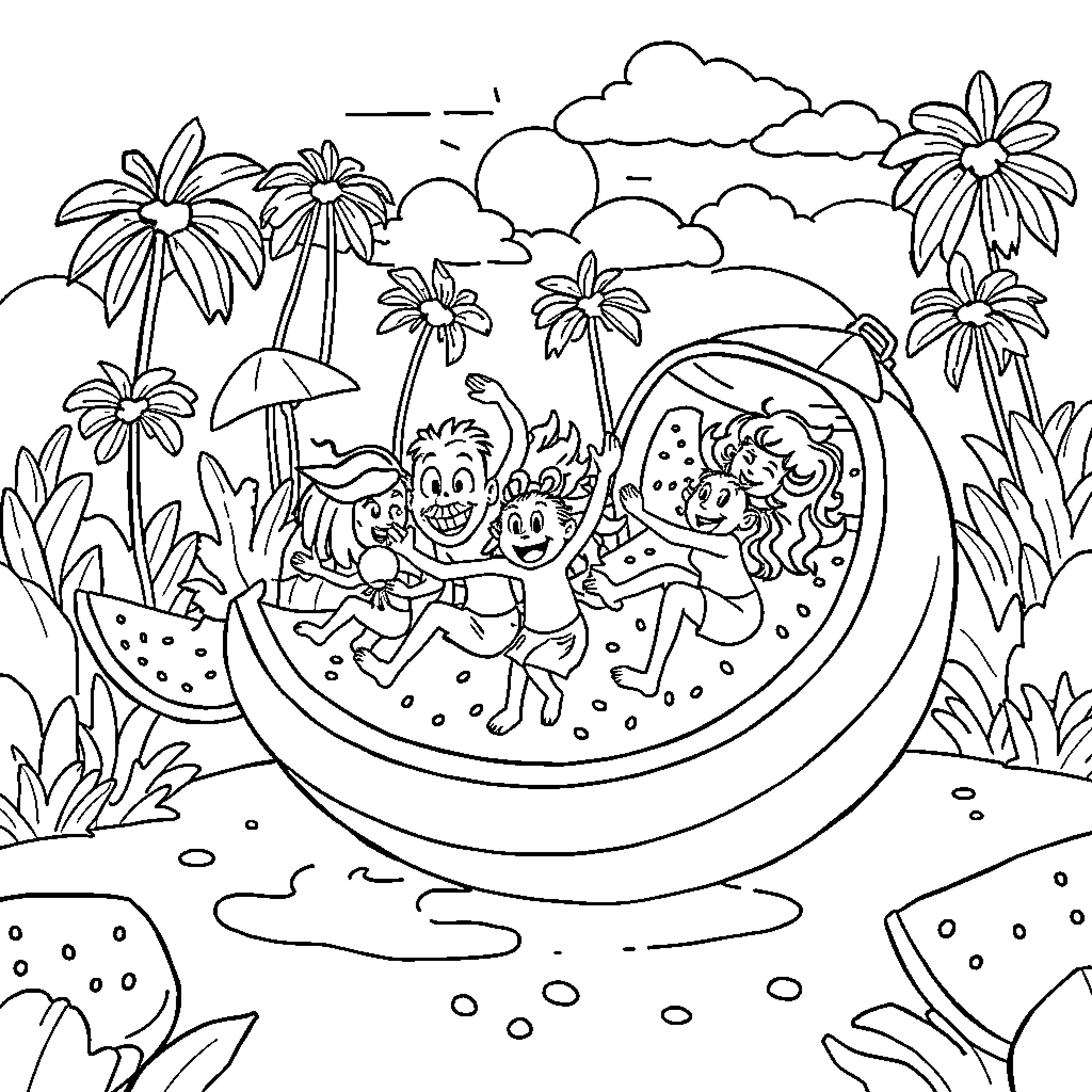 Watermelon-themed summertime adventure with friends Coloring Page (free black-and-white line drawing printable PDF for all, from beginners to advanced learners, including children, teens, adults, and seniors)