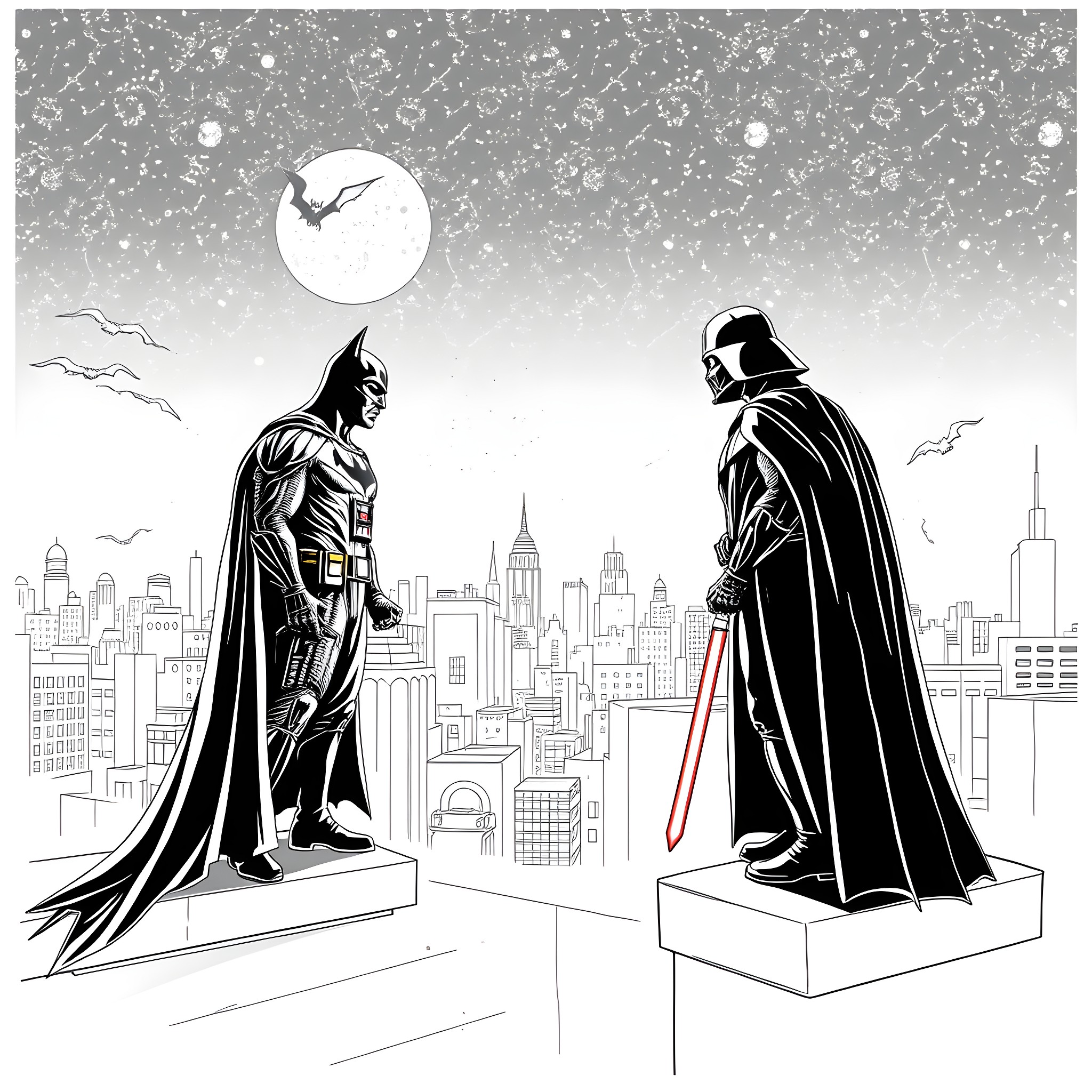 Batman and Darth Vader battle in snowy Gotham City Coloring Page (free black-and-white line drawing printable PDF for all, from beginners to advanced learners, including children, teens, adults, and seniors)