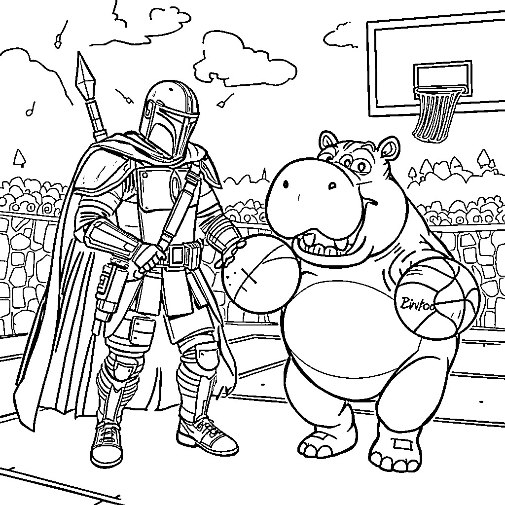 Mandalorian warrior and friendly hippo in outdoor setting Coloring Page (free black-and-white line drawing printable PDF for all, from beginners to advanced learners, including children, teens, adults, and seniors)