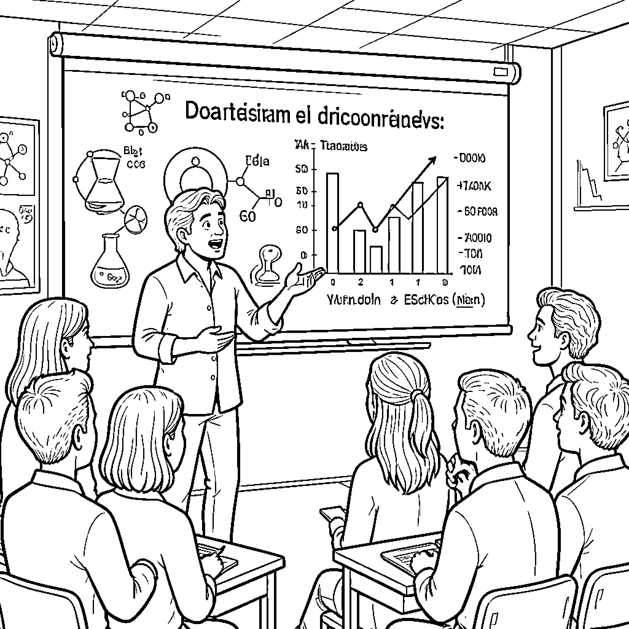 Persona Presenting Informative Data in Classroom Coloring Page (free black-and-white line drawing printable PDF for all, from beginners to advanced learners, including children, teens, adults, and seniors)