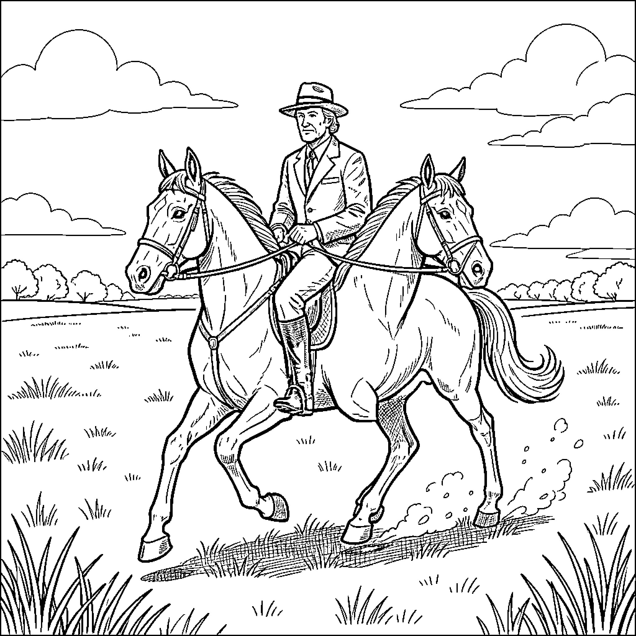 Lord Lucan riding a horse through a field Coloring Page (free black-and-white line drawing printable PDF for all, from beginners to advanced learners, including children, teens, adults, and seniors)