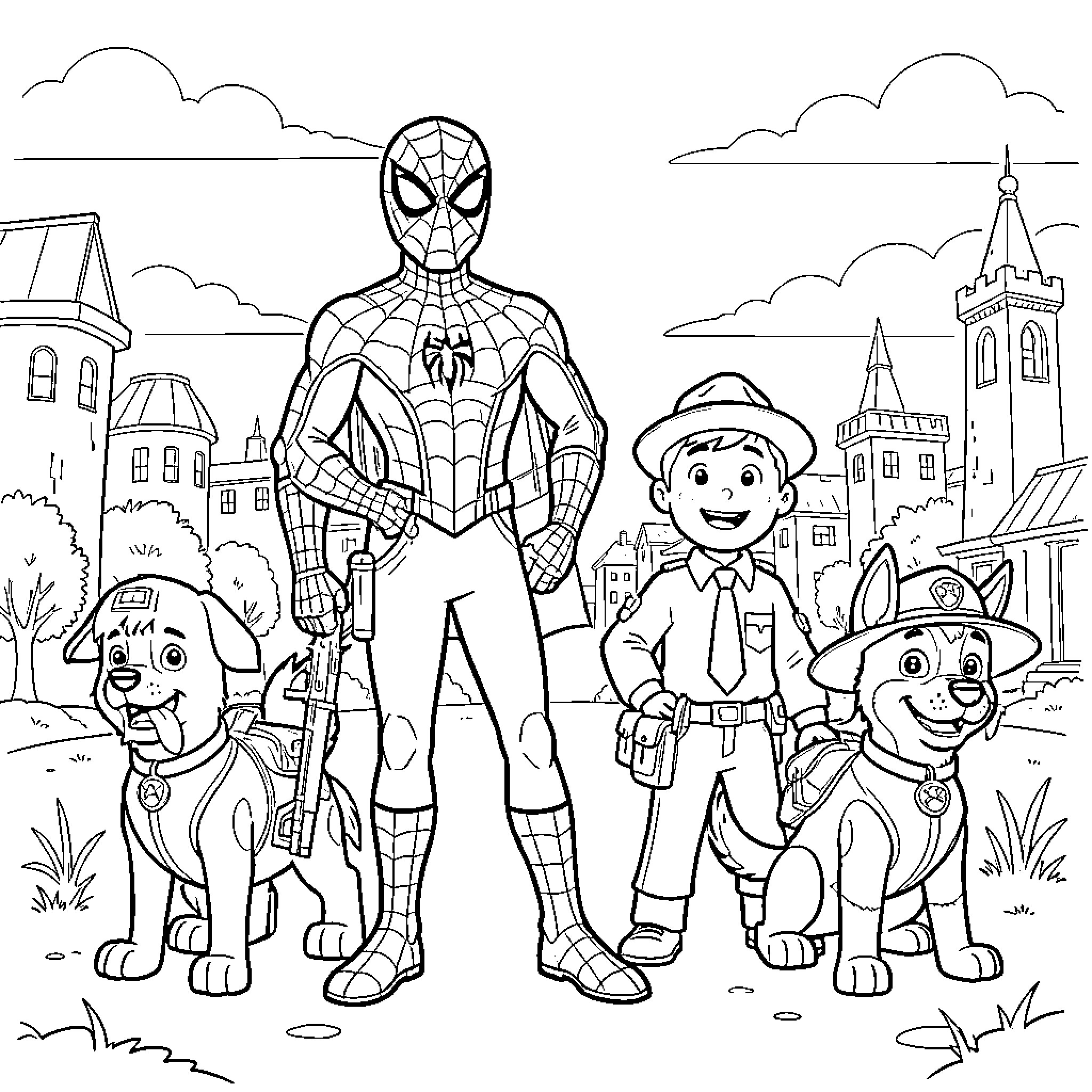 Spidey posing with heroic friends in a town Coloring Page (free black-and-white line drawing printable PDF for all, from beginners to advanced learners, including children, teens, adults, and seniors)