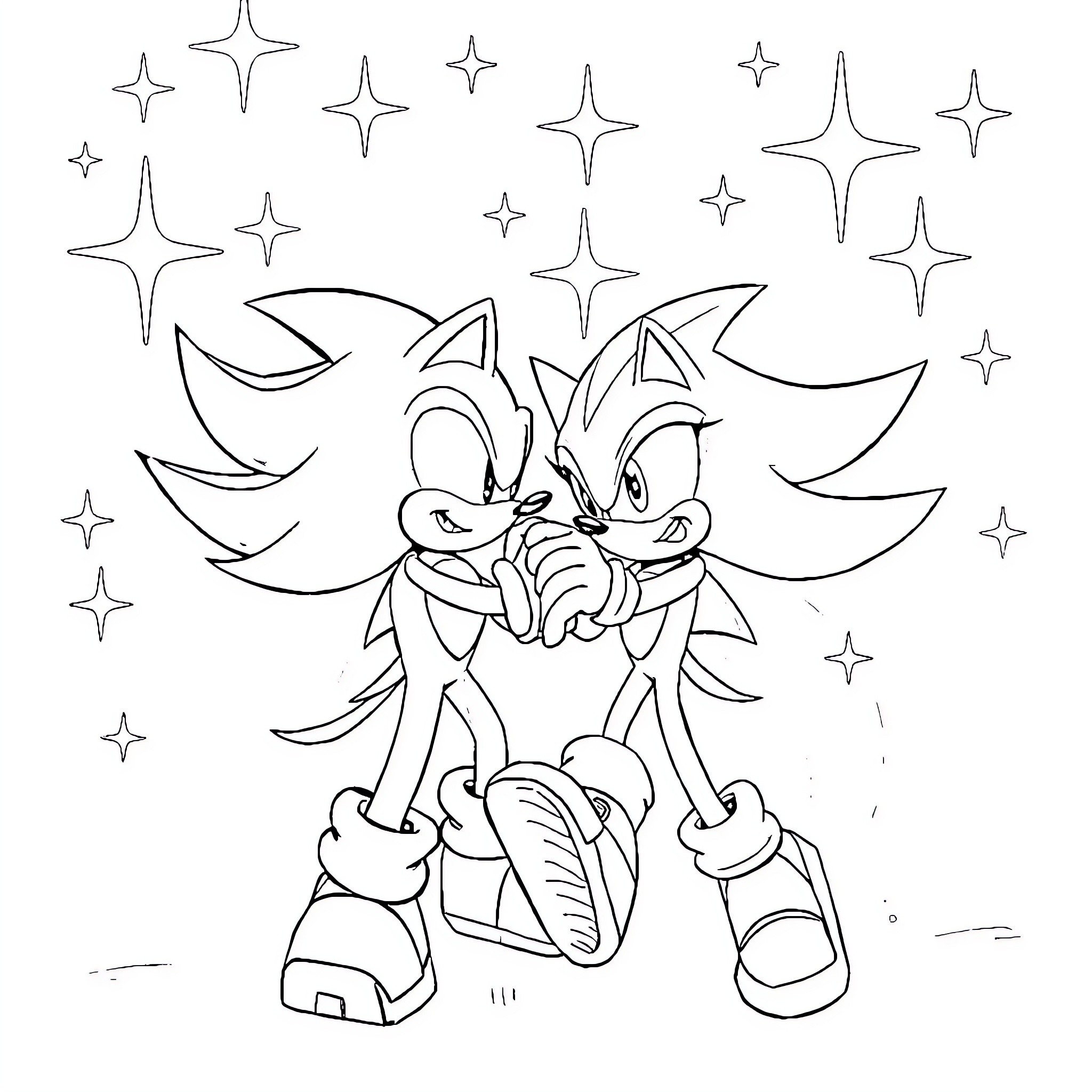 Sonic the Hedgehog in playful pose with stars Coloring Page (free black-and-white line drawing printable PDF for all, from beginners to advanced learners, including children, teens, adults, and seniors)