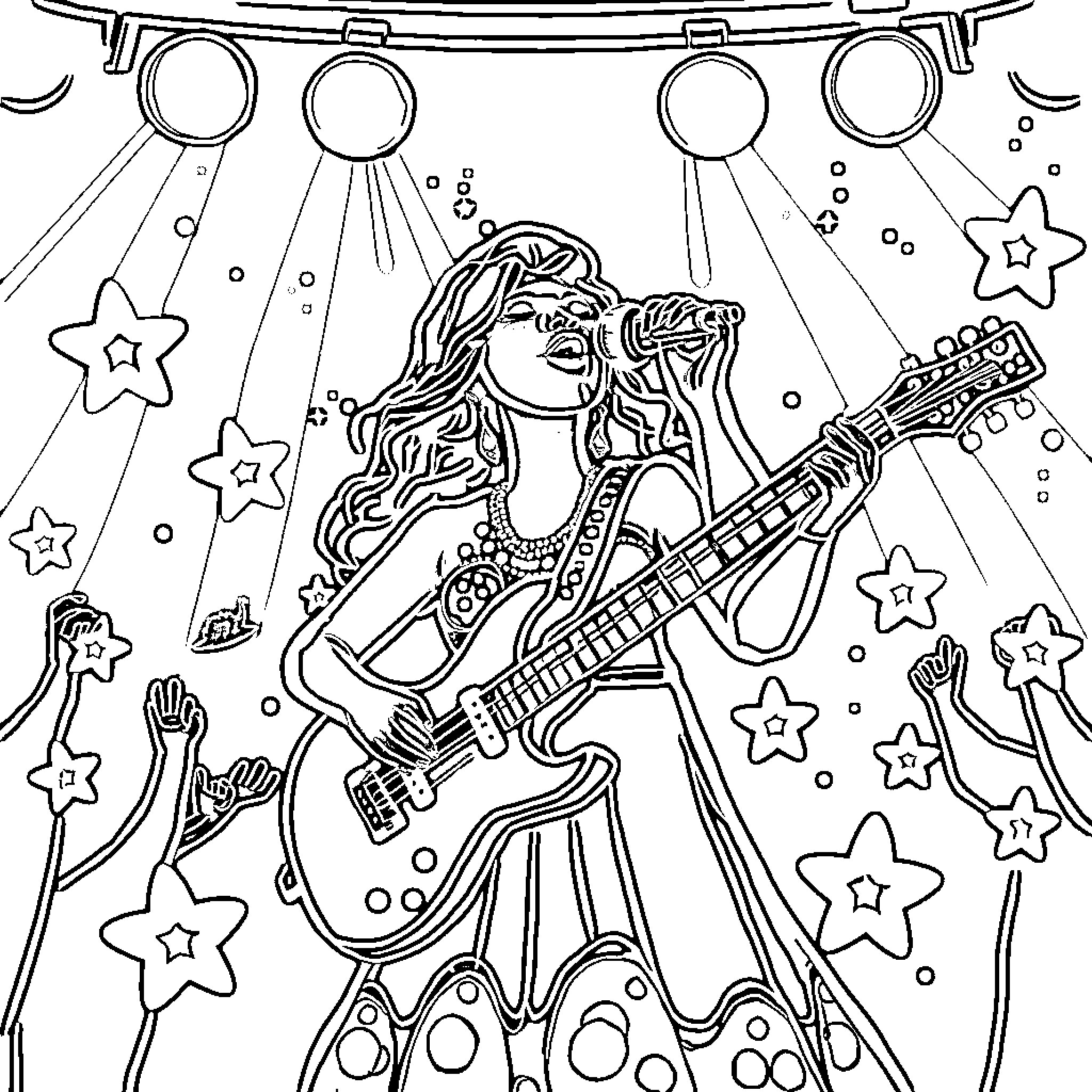 Lola Índigo performing on stage with guitar Coloring Page (free black-and-white line drawing printable PDF for all, from beginners to advanced learners, including children, teens, adults, and seniors)