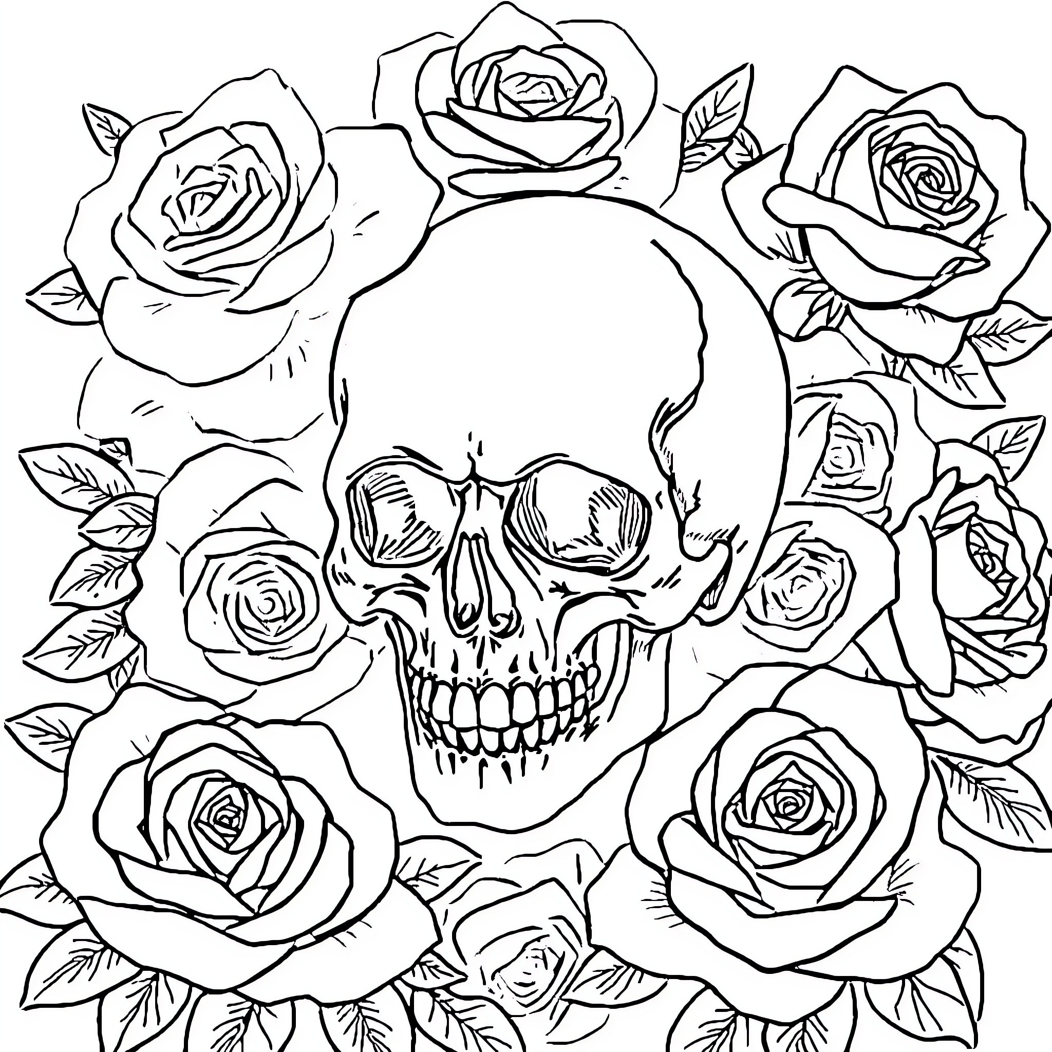 Skull surrounded by decorative roses Coloring Page (free black-and-white line drawing printable PDF for all, from beginners to advanced learners, including children, teens, adults, and seniors)