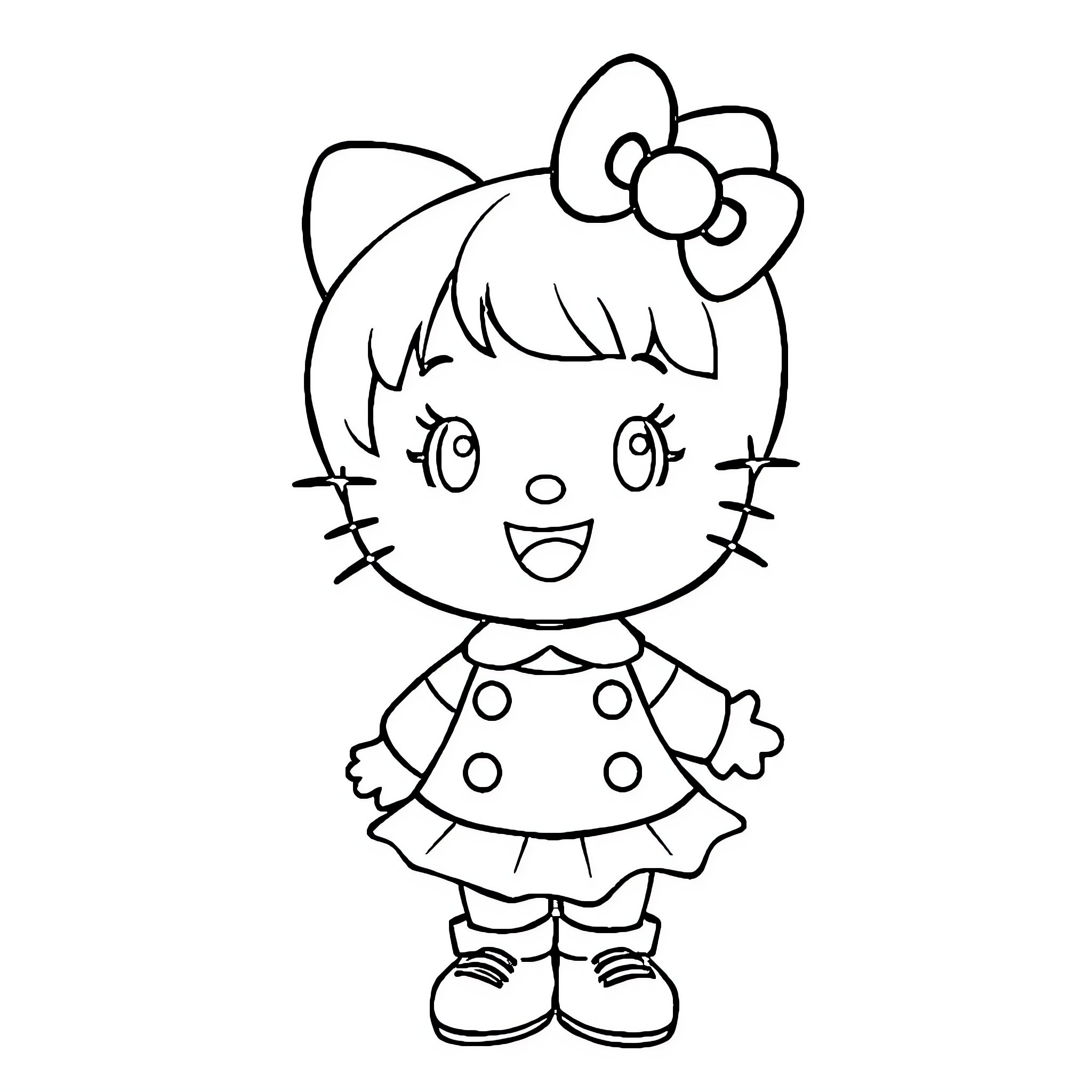 Hello Kitty Cheerful Girl in Dotted Dress Coloring Page (free black-and-white line drawing printable PDF for all, from beginners to advanced learners, including children, teens, adults, and seniors)