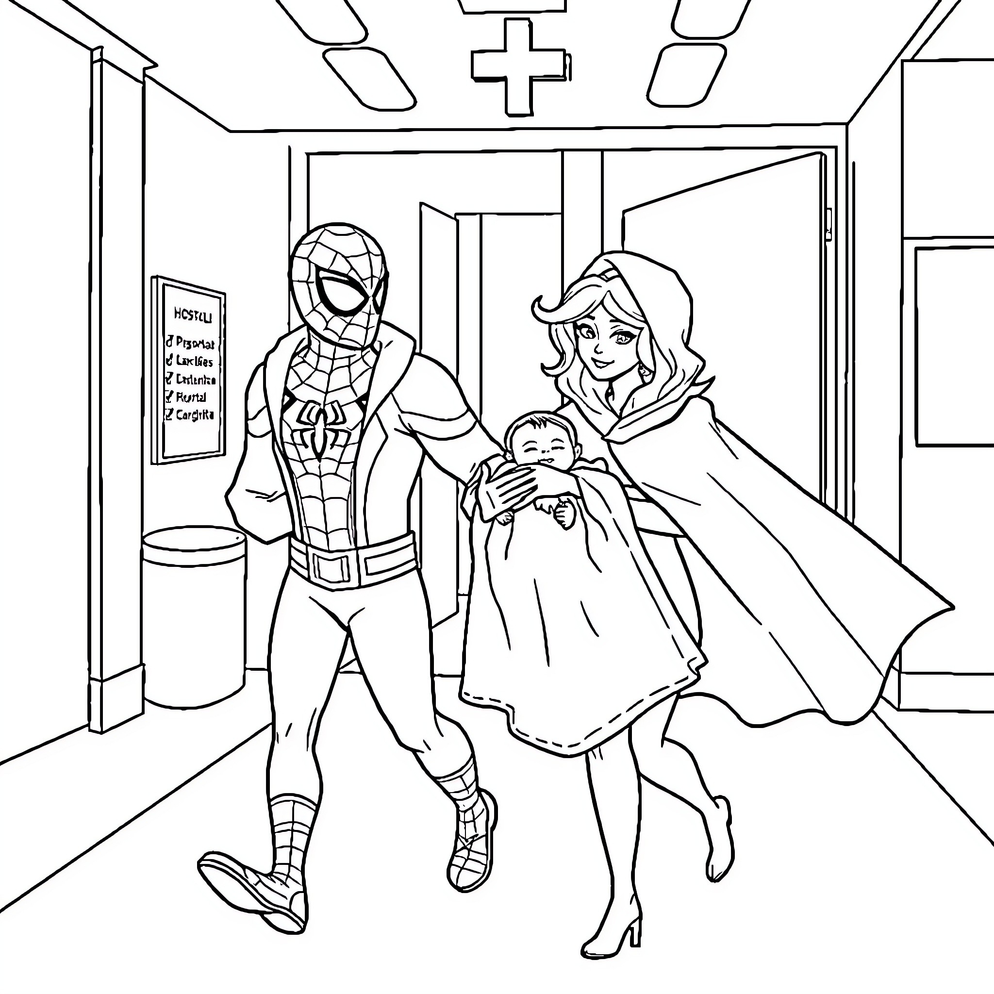 Spiderman Helps Injured Woman in Hospital Coloring Page (free black-and-white line drawing printable PDF for all, from beginners to advanced learners, including children, teens, adults, and seniors)