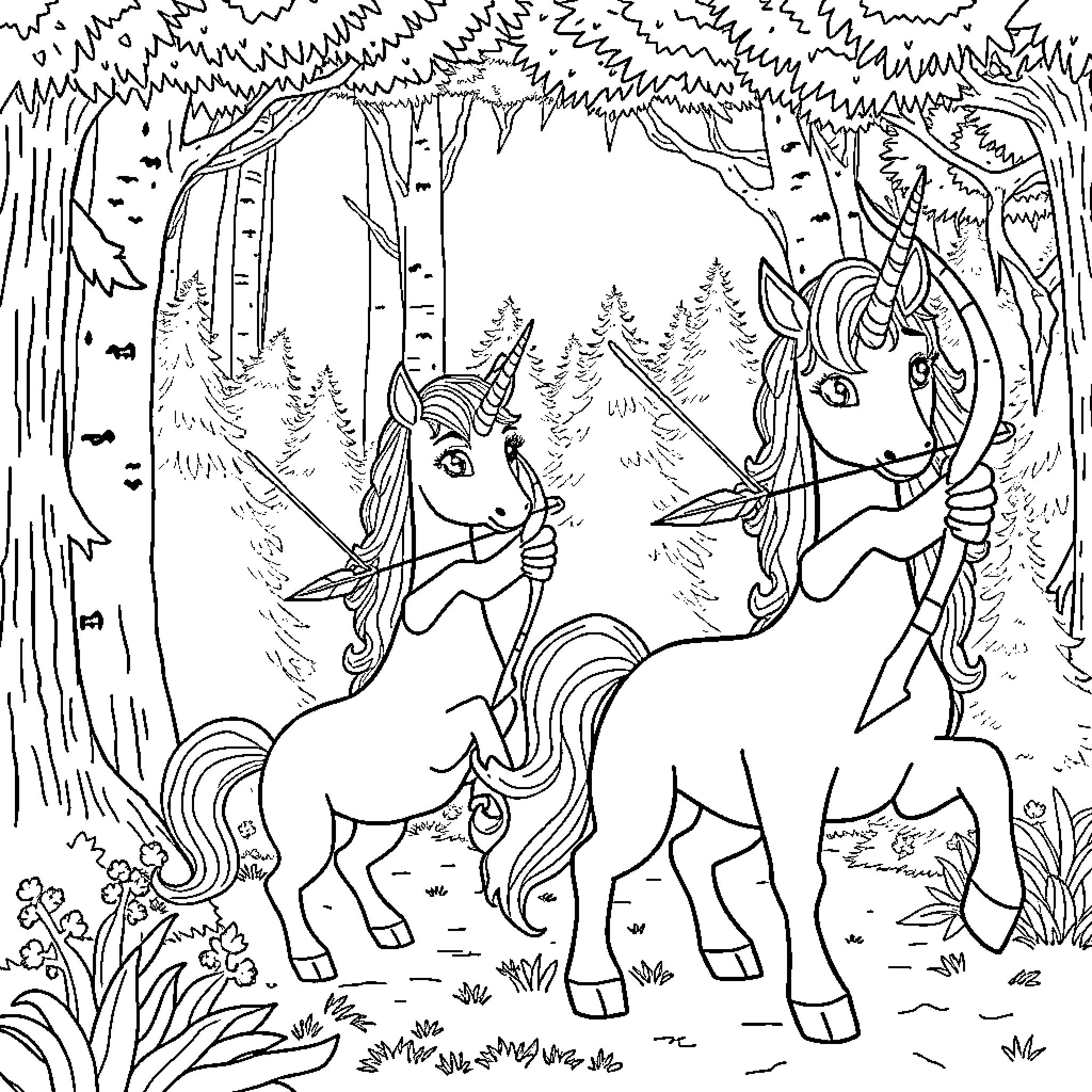 Unicorn playing with friends in the enchanted forest Coloring Page (free black-and-white line drawing printable PDF for all, from beginners to advanced learners, including children, teens, adults, and seniors)