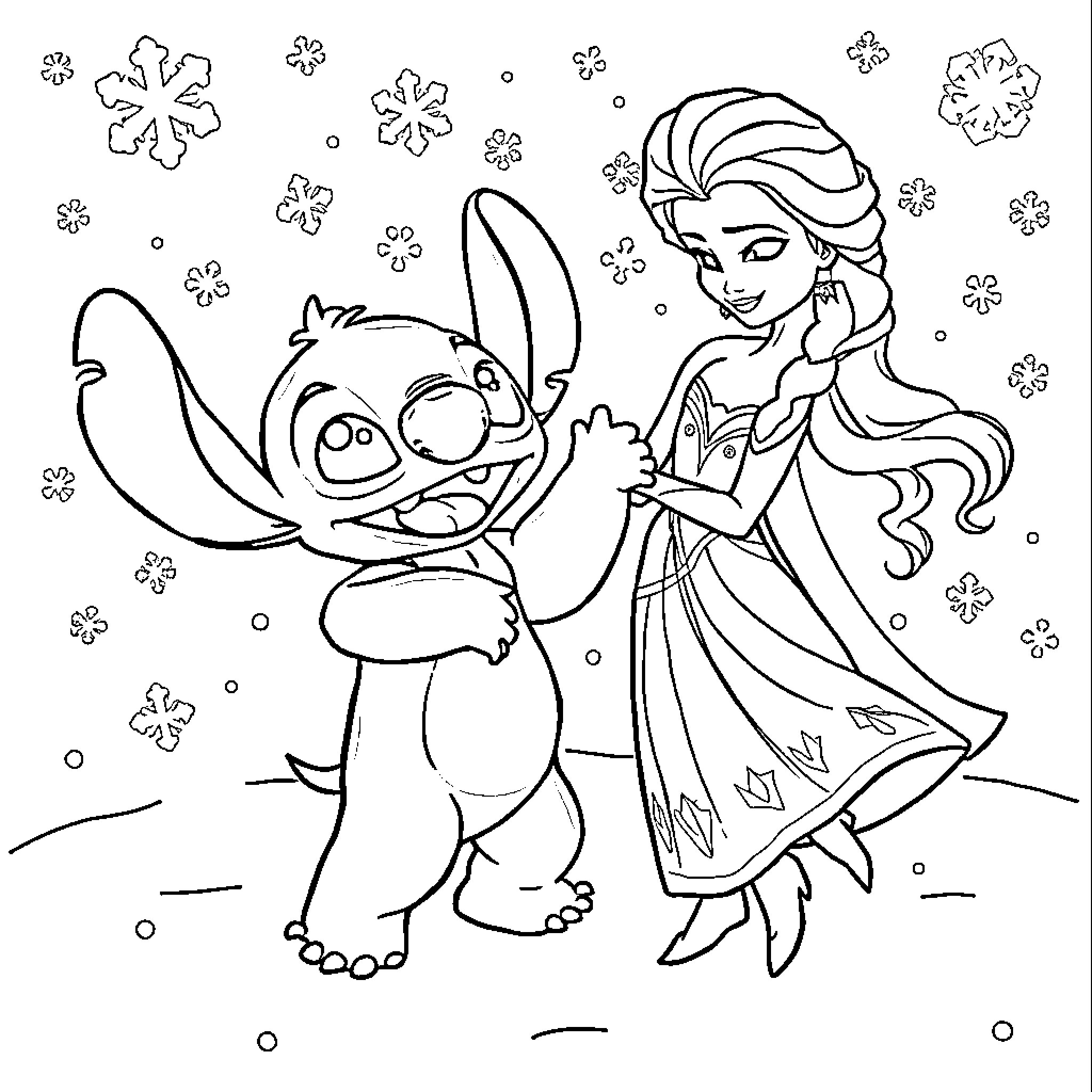 Stitch playing joyfully with Elsa in the snow Coloring Page (free black-and-white line drawing printable PDF for all, from beginners to advanced learners, including children, teens, adults, and seniors)
