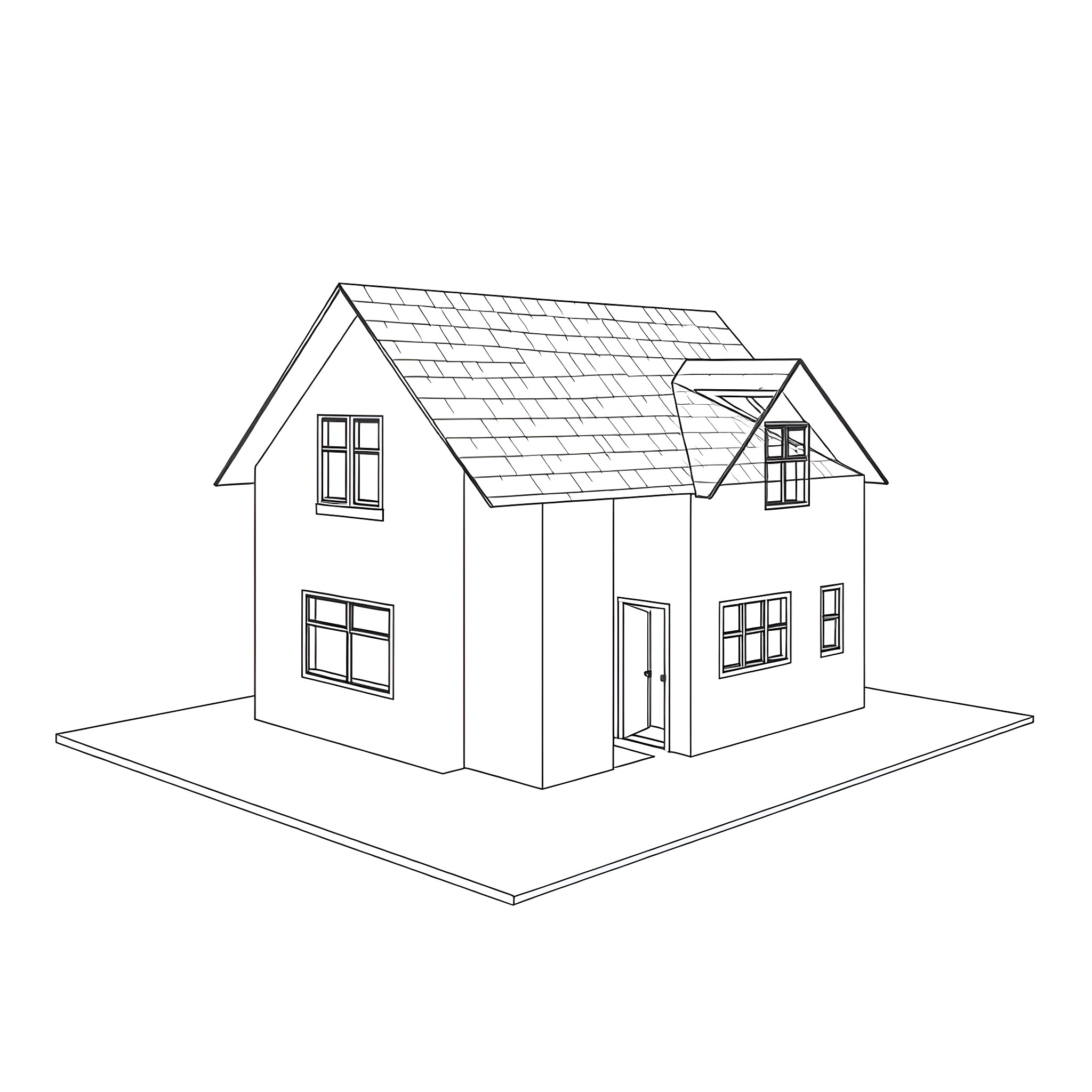 House with dormer windows and gable roof Coloring Page (free black-and-white line drawing printable PDF for all, from beginners to advanced learners, including children, teens, adults, and seniors)