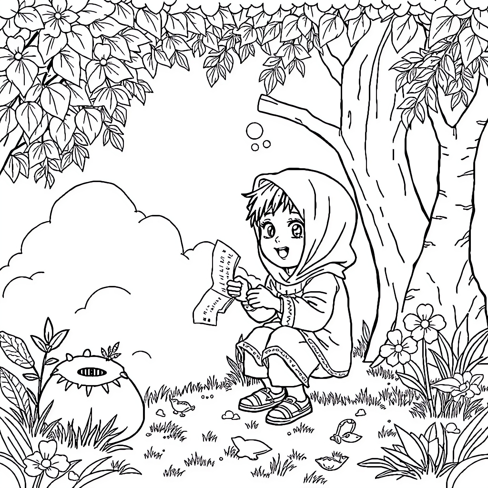 Child exploring the enchanted forest Coloring Page (free black-and-white line drawing printable PDF for all, from beginners to advanced learners, including children, teens, adults, and seniors)