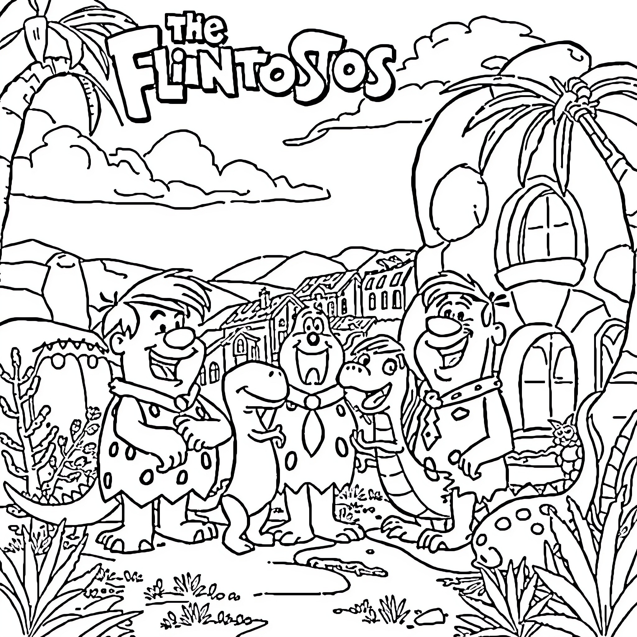 Flintstones enjoying prehistoric adventures in the outdoors Coloring Page (free black-and-white line drawing printable PDF for all, from beginners to advanced learners, including children, teens, adults, and seniors)