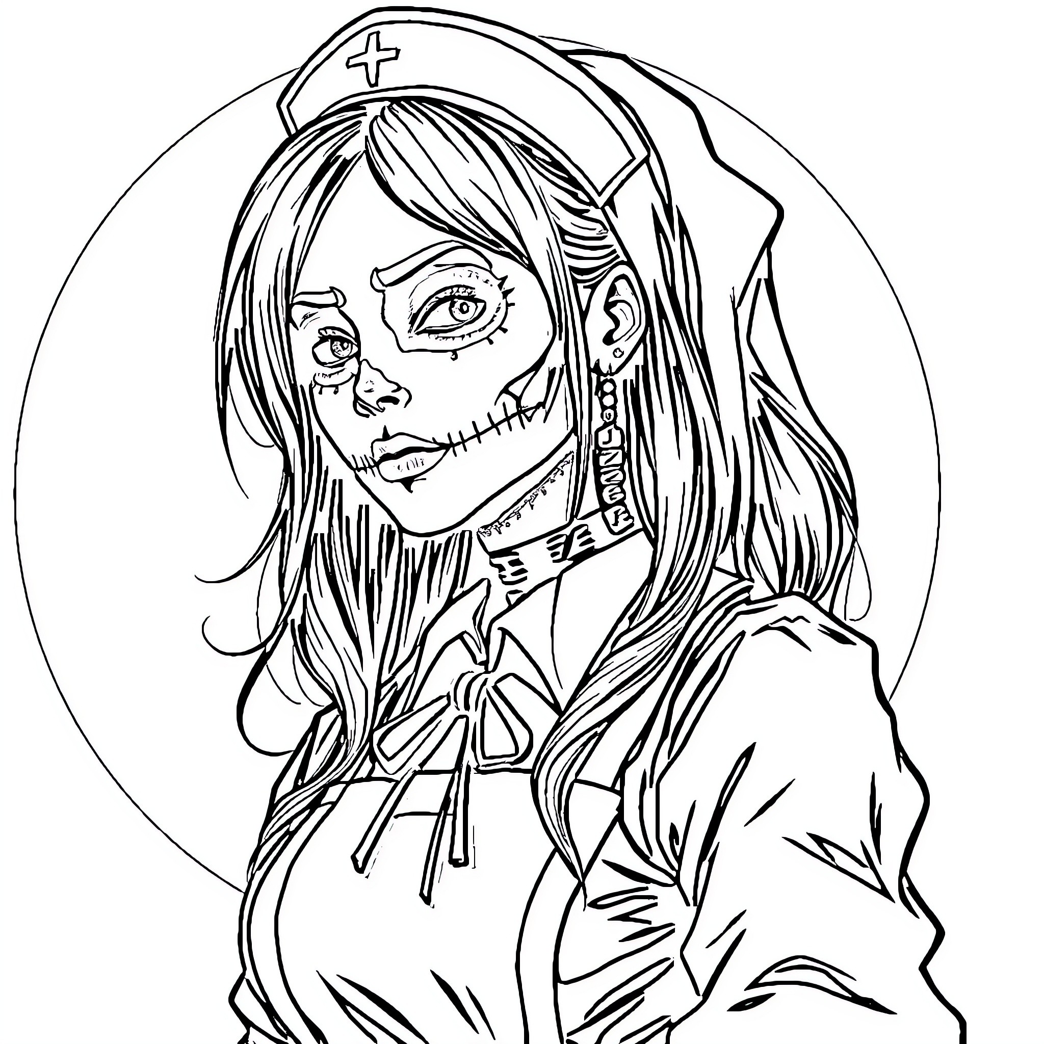 Nurse with skull makeup in uniform Coloring Page (free black-and-white line drawing printable PDF for all, from beginners to advanced learners, including children, teens, adults, and seniors)