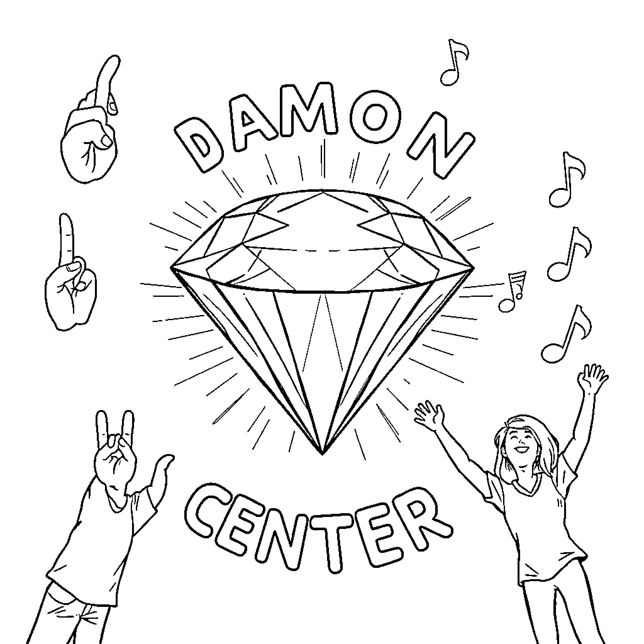 Diamond Center of Musical Expression and Joy Coloring Page (free black-and-white line drawing printable PDF for all, from beginners to advanced learners, including children, teens, adults, and seniors)