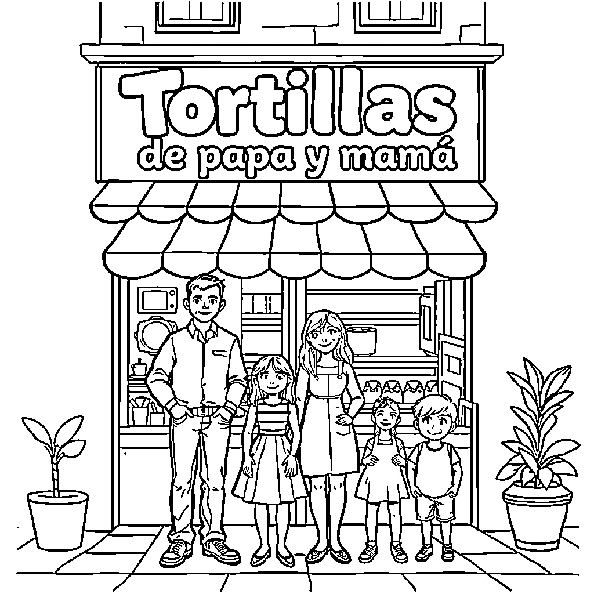 Family visiting a Tortillas store together Coloring Page (free black-and-white line drawing printable PDF for all, from beginners to advanced learners, including children, teens, adults, and seniors)