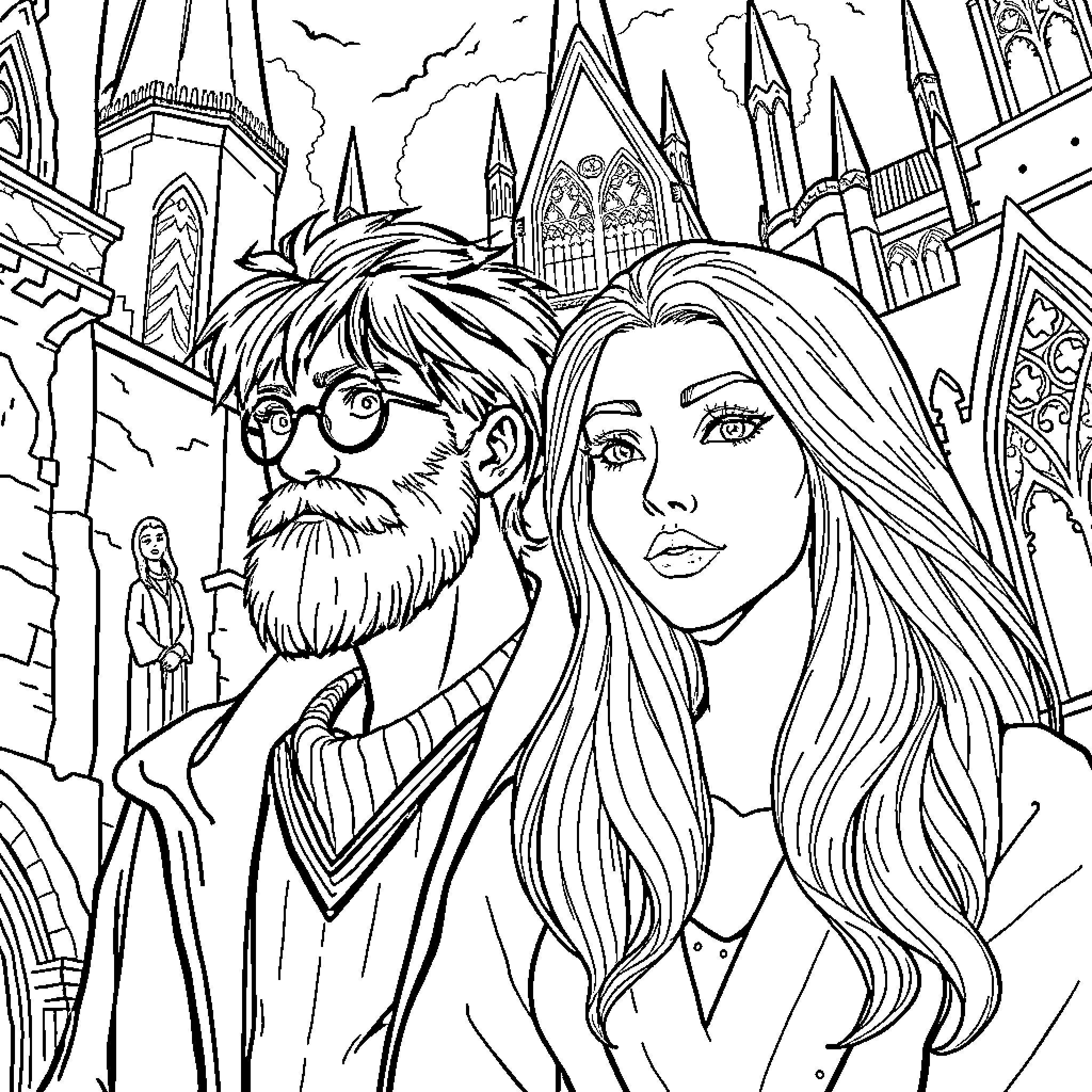 Man and Woman in Fantasy Castle Scene Coloring Page (free black-and-white line drawing printable PDF for all, from beginners to advanced learners, including children, teens, adults, and seniors)