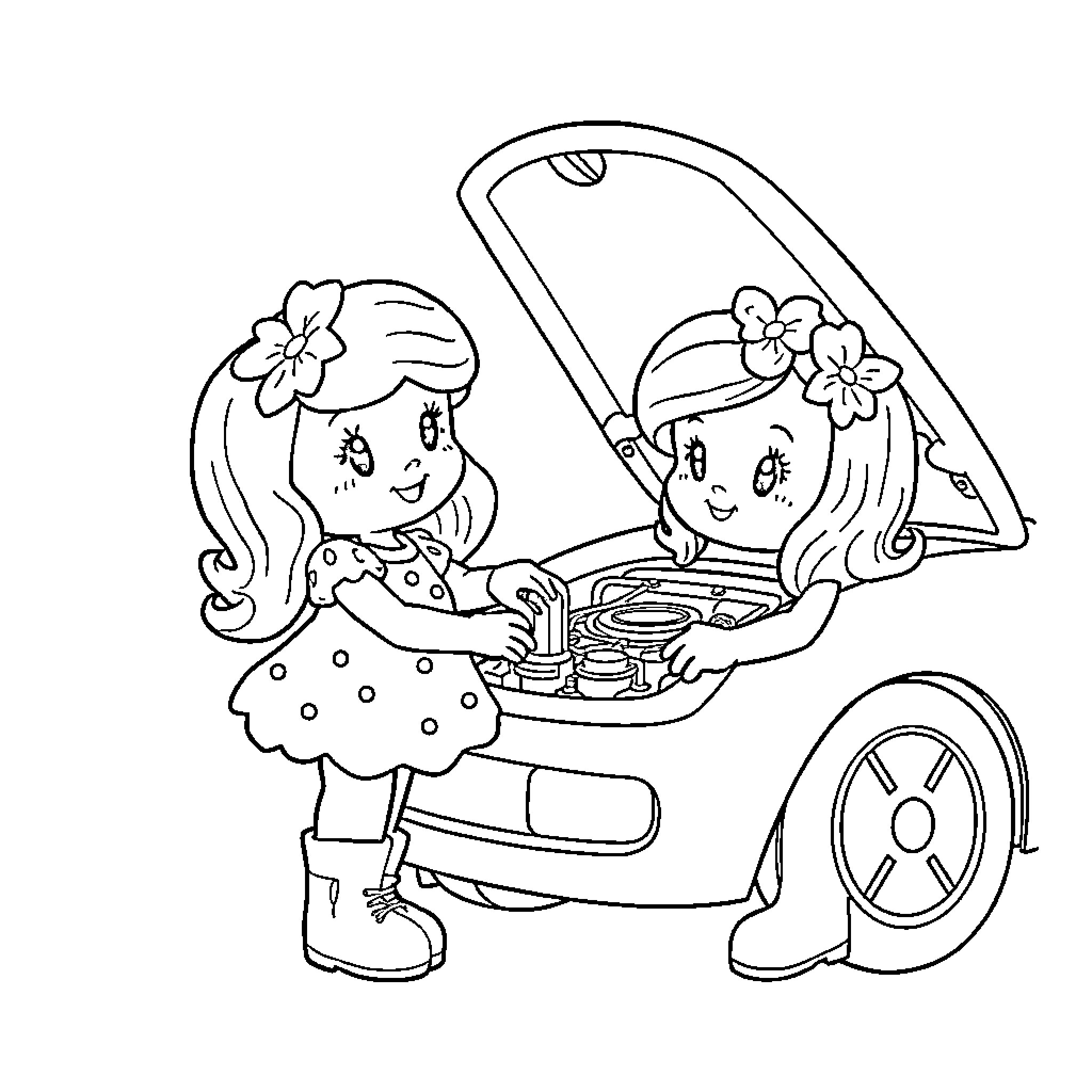 Strawberry Shortcake friends playing with toy car Coloring Page (free black-and-white line drawing printable PDF for all, from beginners to advanced learners, including children, teens, adults, and seniors)