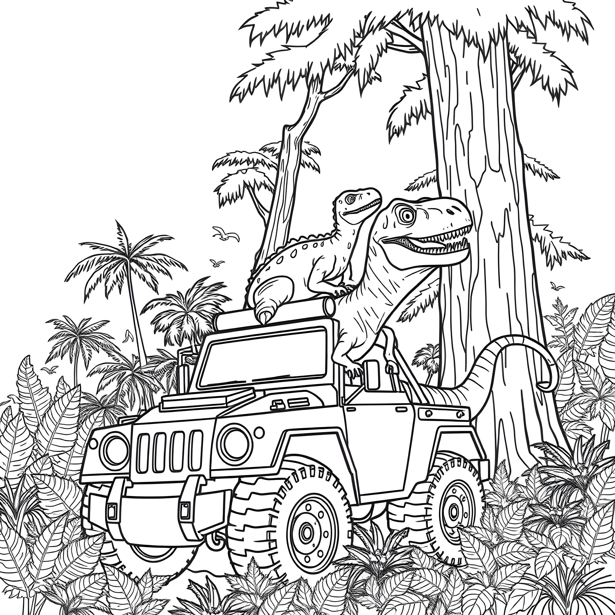 Ankylosaurus riding a rugged vehicle in the jungle Coloring Page (free black-and-white line drawing printable PDF for all, from beginners to advanced learners, including children, teens, adults, and seniors)