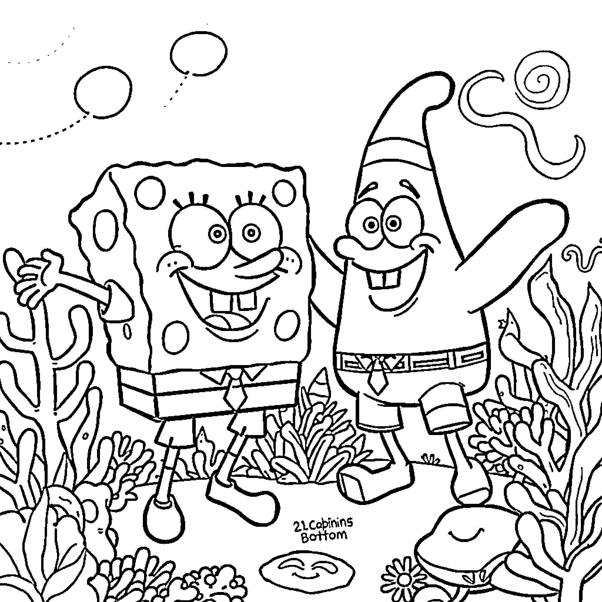 SpongeBob and Patrick playing in the underwater world Coloring Page (free black-and-white line drawing printable PDF for all, from beginners to advanced learners, including children, teens, adults, and seniors)