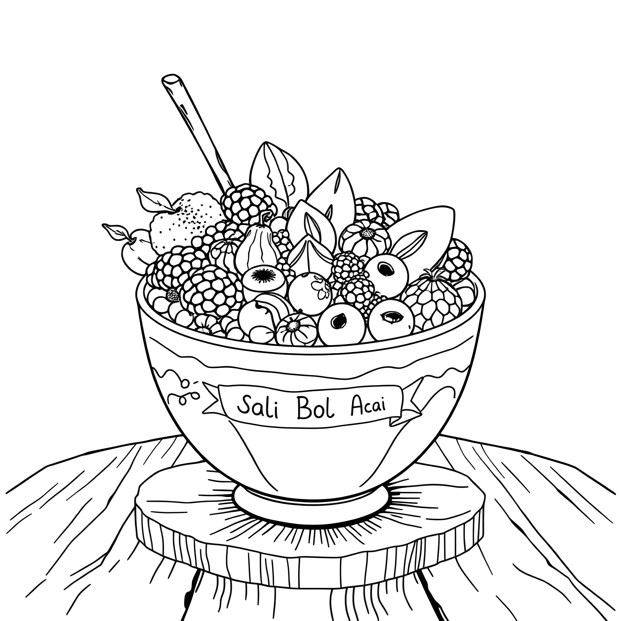 Acai Bowl Filled with Vibrant Fruit Coloring Page (free black-and-white line drawing printable PDF for all, from beginners to advanced learners, including children, teens, adults, and seniors)