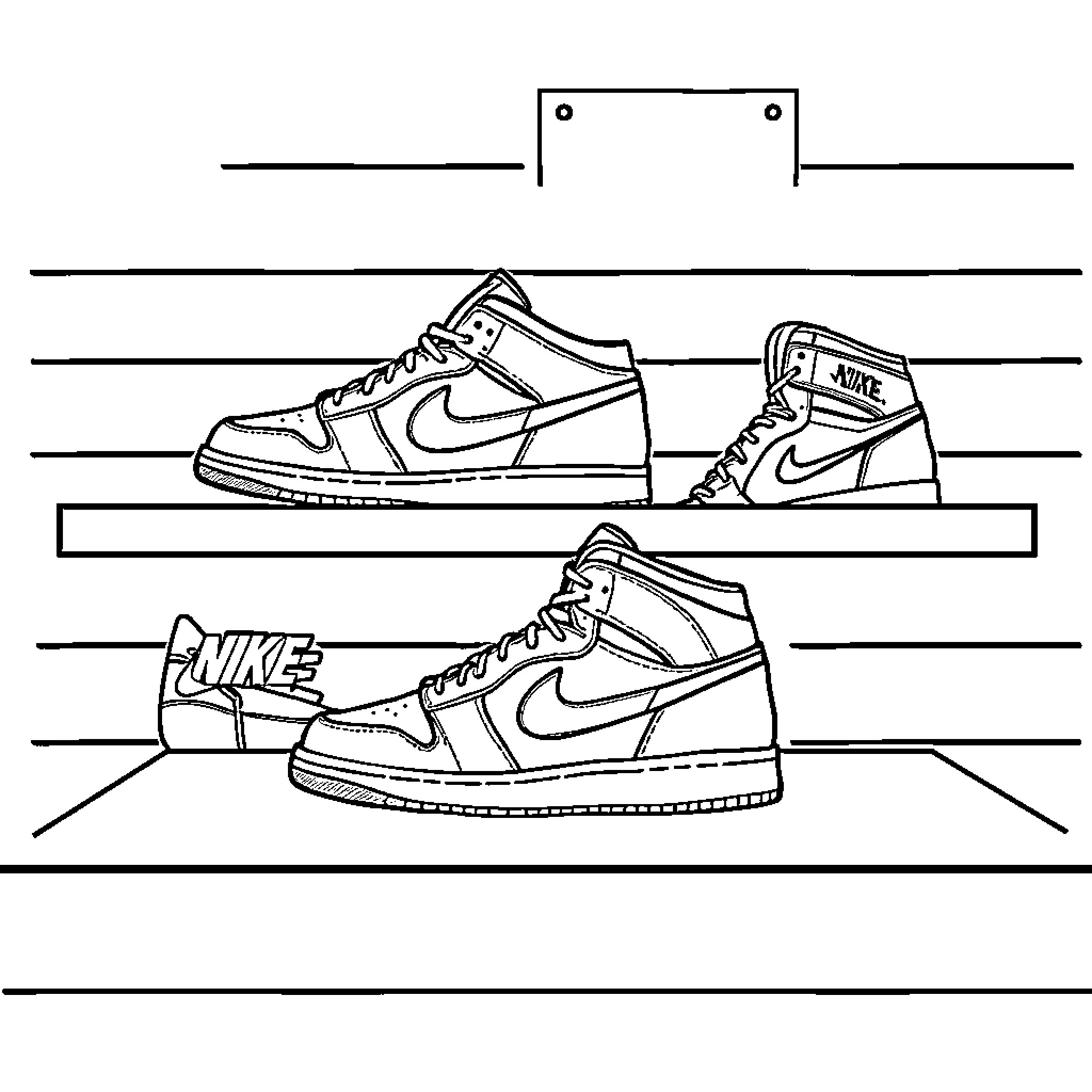 Shoe display featuring Nike sneakers Coloring Page (free black-and-white line drawing printable PDF for all, from beginners to advanced learners, including children, teens, adults, and seniors)