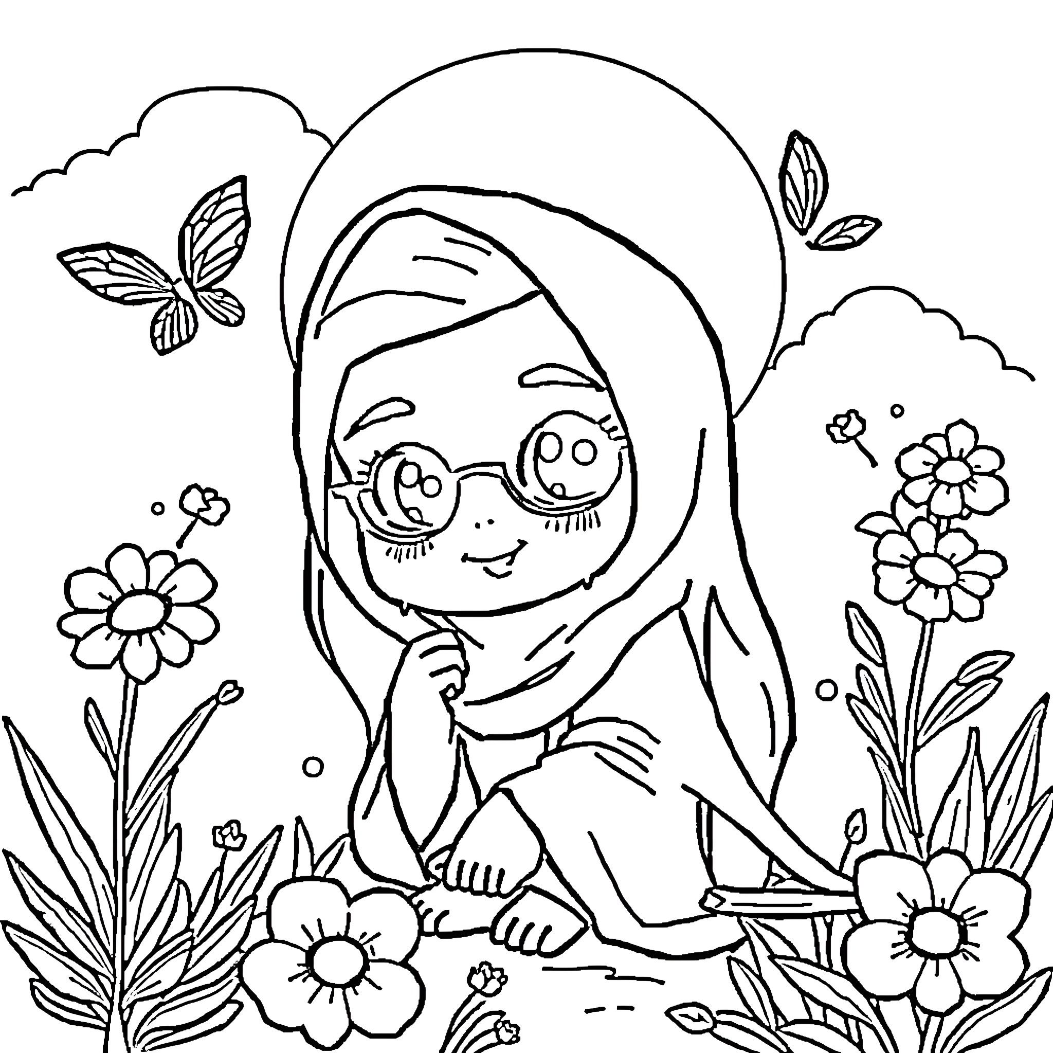 Animation of a character exploring a floral garden Coloring Page (free black-and-white line drawing printable PDF for all, from beginners to advanced learners, including children, teens, adults, and seniors)