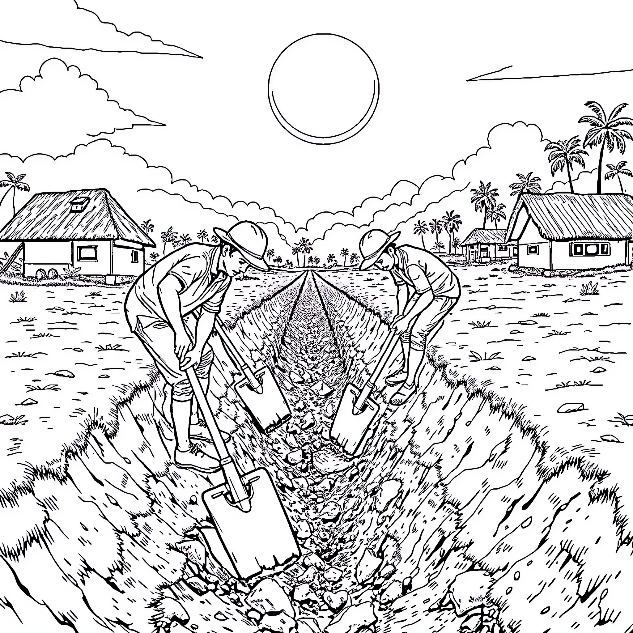 Filipino farmers tending to their fields under the tropical sun Coloring Page (free black-and-white line drawing printable PDF for all, from beginners to advanced learners, including children, teens, adults, and seniors)
