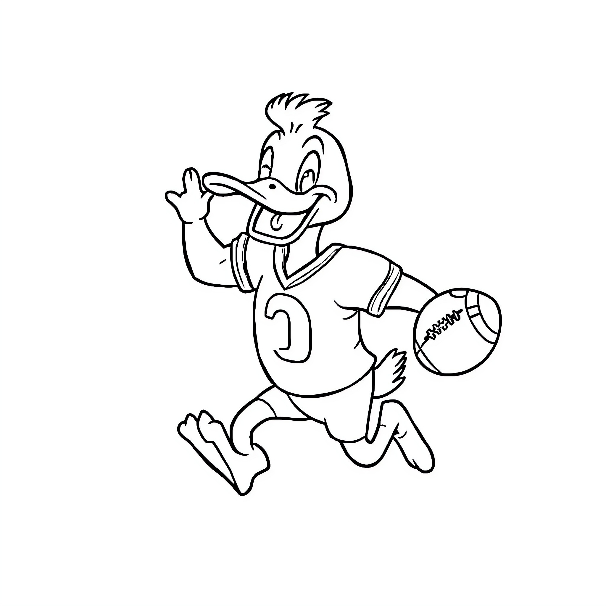Duck playing with football Coloring Page (free black-and-white line drawing printable PDF for all, from beginners to advanced learners, including children, teens, adults, and seniors)